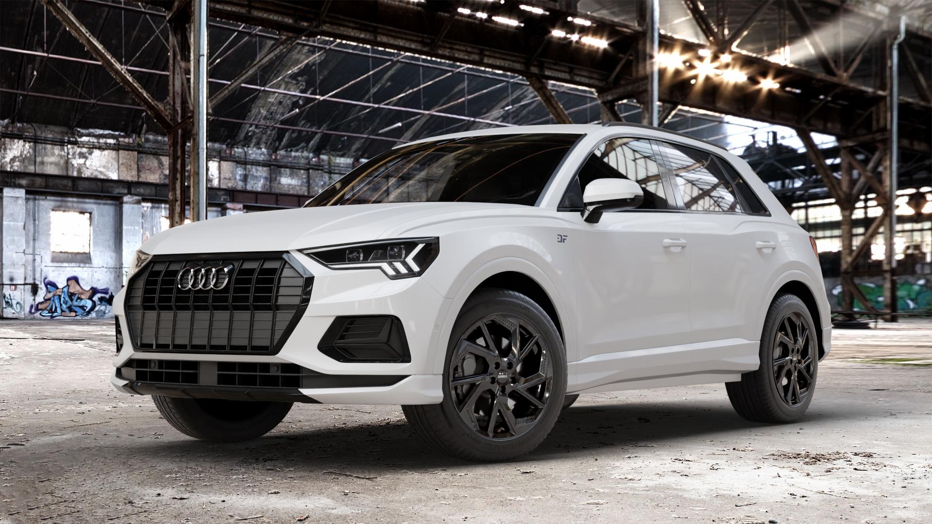 DEZENT AP BLACK Felge mit Reifen schwarz in 18Zoll Winterfelge Alufelge auf weissem Audi Q3 II Typ F3 ⬇️ mit 15mm Tieferlegung ⬇️ Old Industrial Hall_max_4400mm_2024 Frontansicht_1