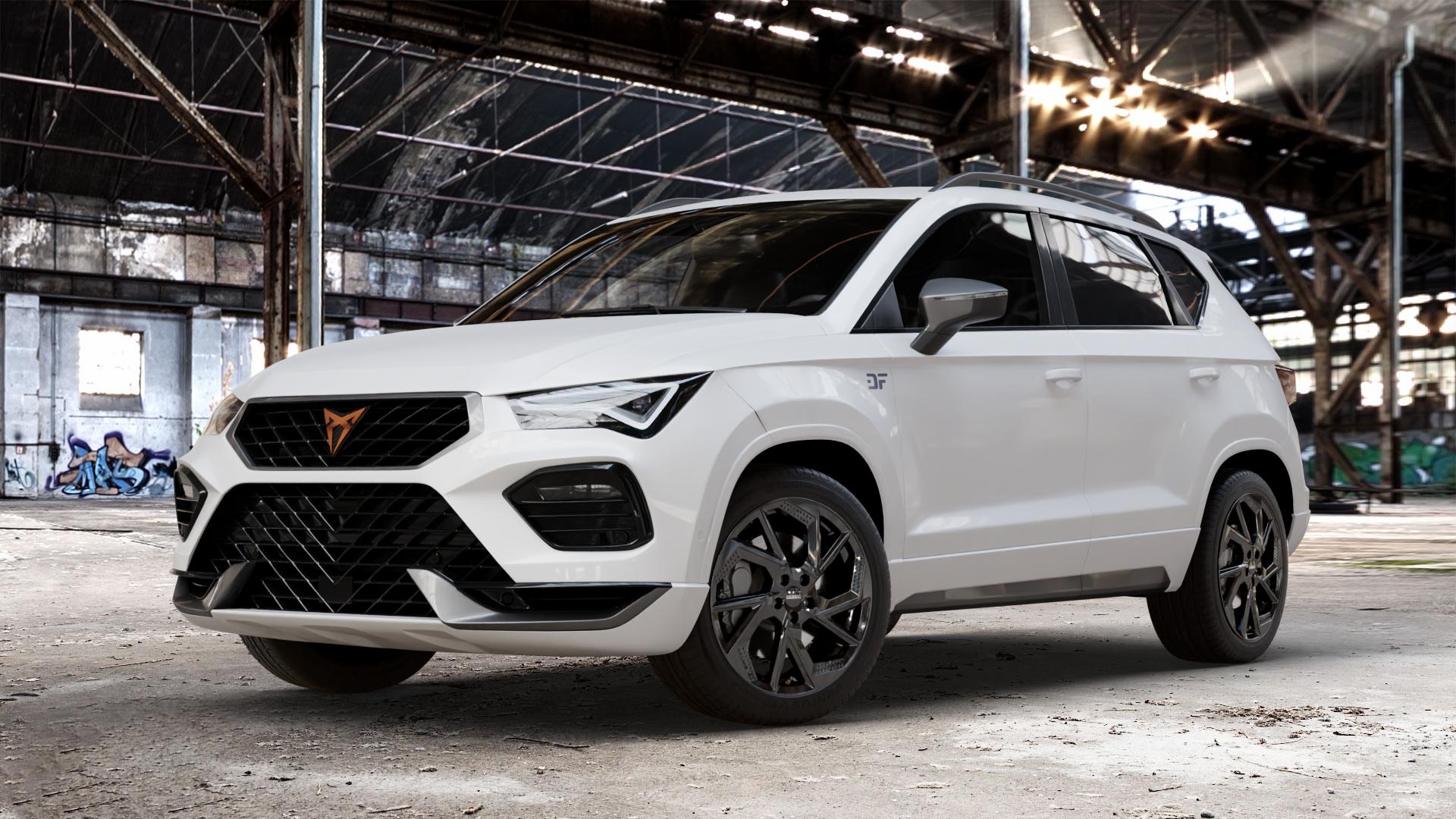 DEZENT AP BLACK Felge mit Reifen schwarz in 18Zoll Winterfelge Alufelge auf weissem Cupra Ateca Typ 5FP Facelift ⬇️ mit 15mm Tieferlegung ⬇️ Old Industrial Hall_max_4400mm_2024 Frontansicht_1