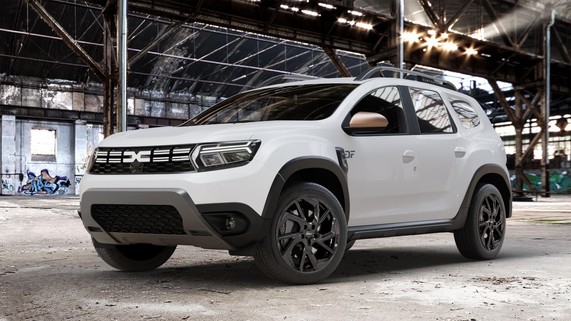 DEZENT AP BLACK Felge mit Reifen schwarz in 18Zoll Winterfelge Alufelge auf weissem Dacia Duster Typ SR Facelift ⬇️ mit 15mm Tieferlegung ⬇️ Old Industrial Hall_max_4400mm_2024 Frontansicht_1