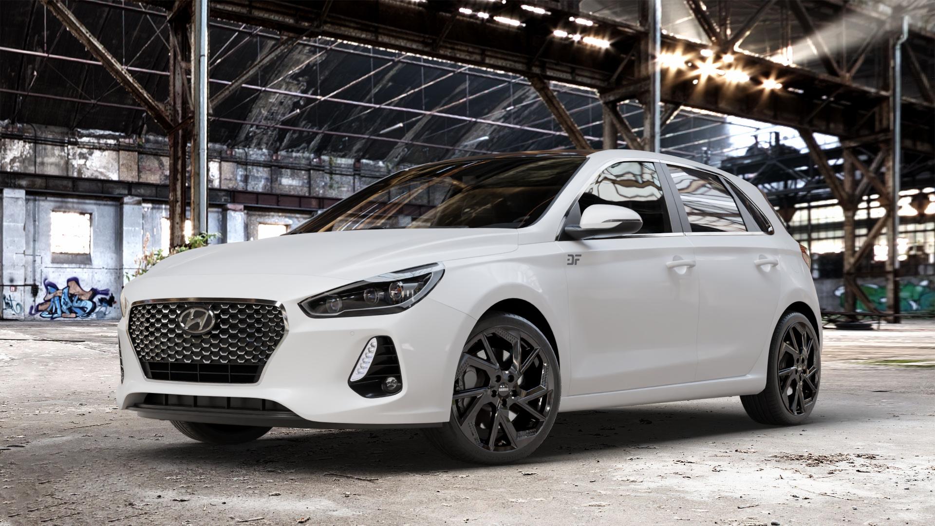 DEZENT AP BLACK Felge mit Reifen schwarz in 18Zoll Winterfelge Alufelge auf weissem Hyundai i30 Typ PDE 1,0l T-GDI 88kW (120 PS) 1,4l MPI 73kW (99 103kW (140 1,6l CRDi 70kW (95 81kW (110 100kW (136 85kW (116 ⬇️ mit 15mm Tieferlegung ⬇️ Old Industrial Hall_max_4400mm_2024 Frontansicht_1