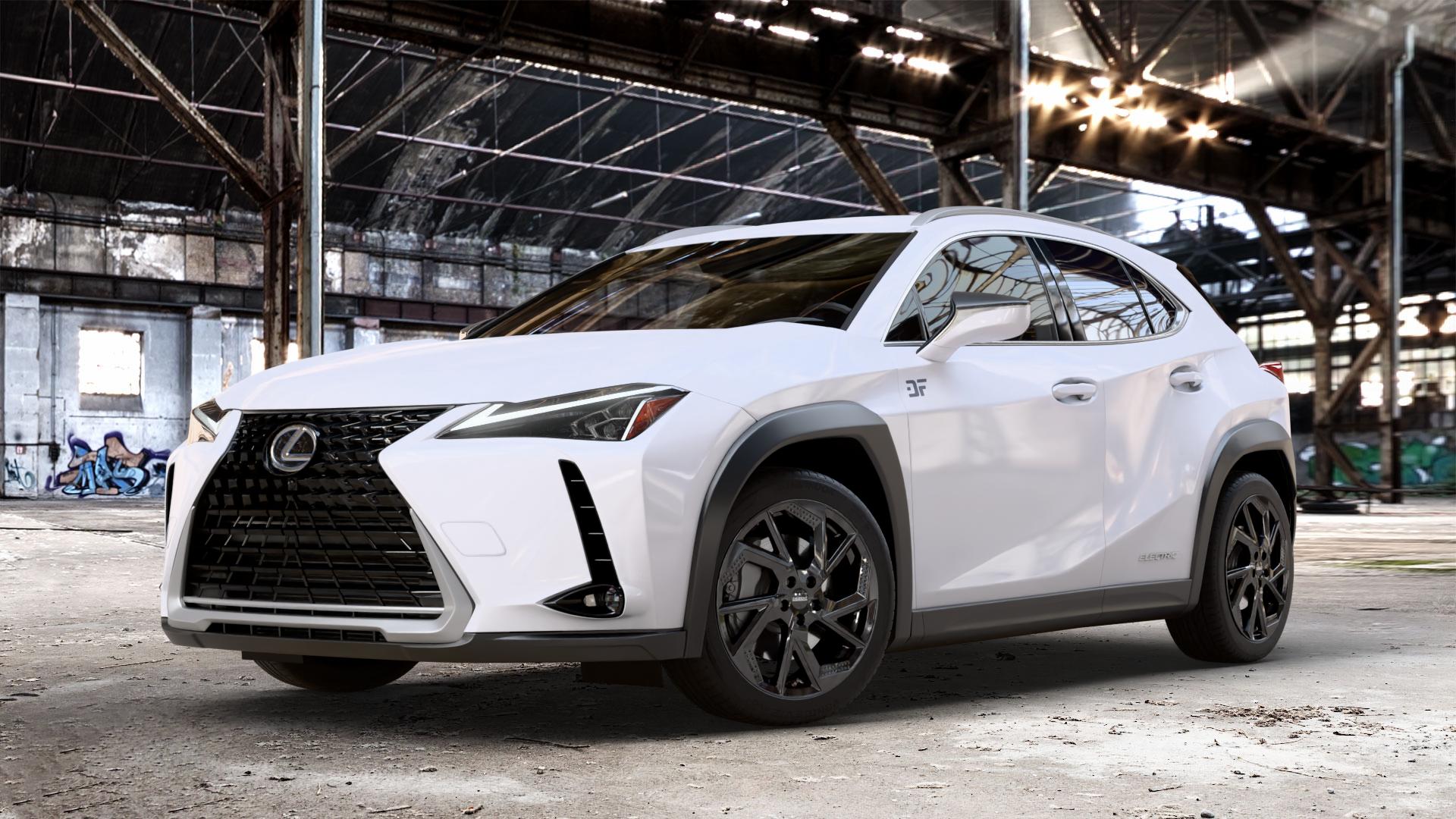 DEZENT AP Black Felge mit Reifen schwarz in 18Zoll Winterfelge Alufelge auf weissem Lexus UX Typ EZA1(EU,M) 0,0l UX300E 57kW (77 PS) ⬇️ mit 15mm Tieferlegung ⬇️ Old Industrial Hall_max_4400mm_2024 Frontansicht_1