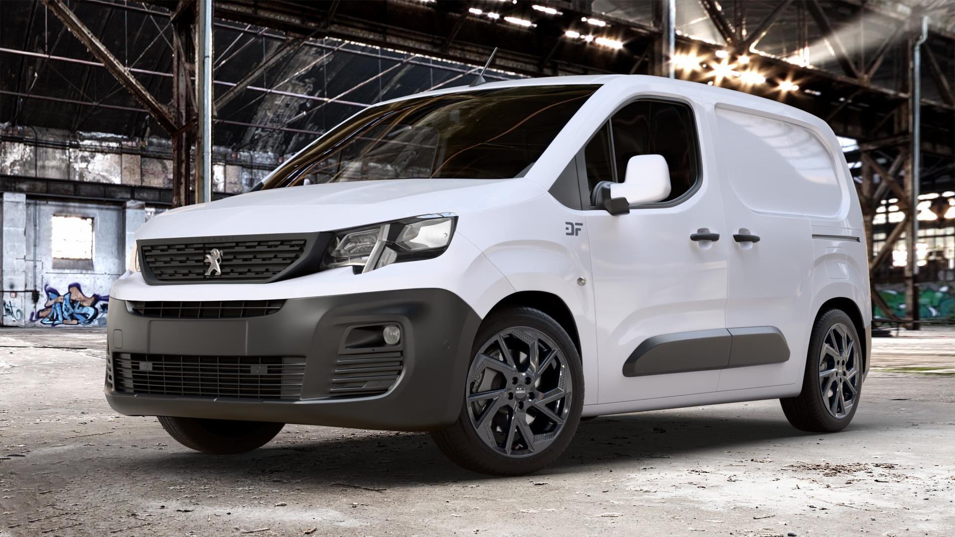 DEZENT AP BLACK Felge mit Reifen schwarz in 18Zoll Winterfelge Alufelge auf weissem Peugeot Partner III Typ E 1,5l HDi 96kW (131 PS) 75kW (102 1,2l PureTech 81kW (110 56kW (76 1,6l 55kW (75 73kW (99 0,0l e-Partner 57kW (77 ⬇️ mit 15mm Tieferlegung ⬇️ Old Industrial Hall_max_4400mm_2024 Frontansicht_1