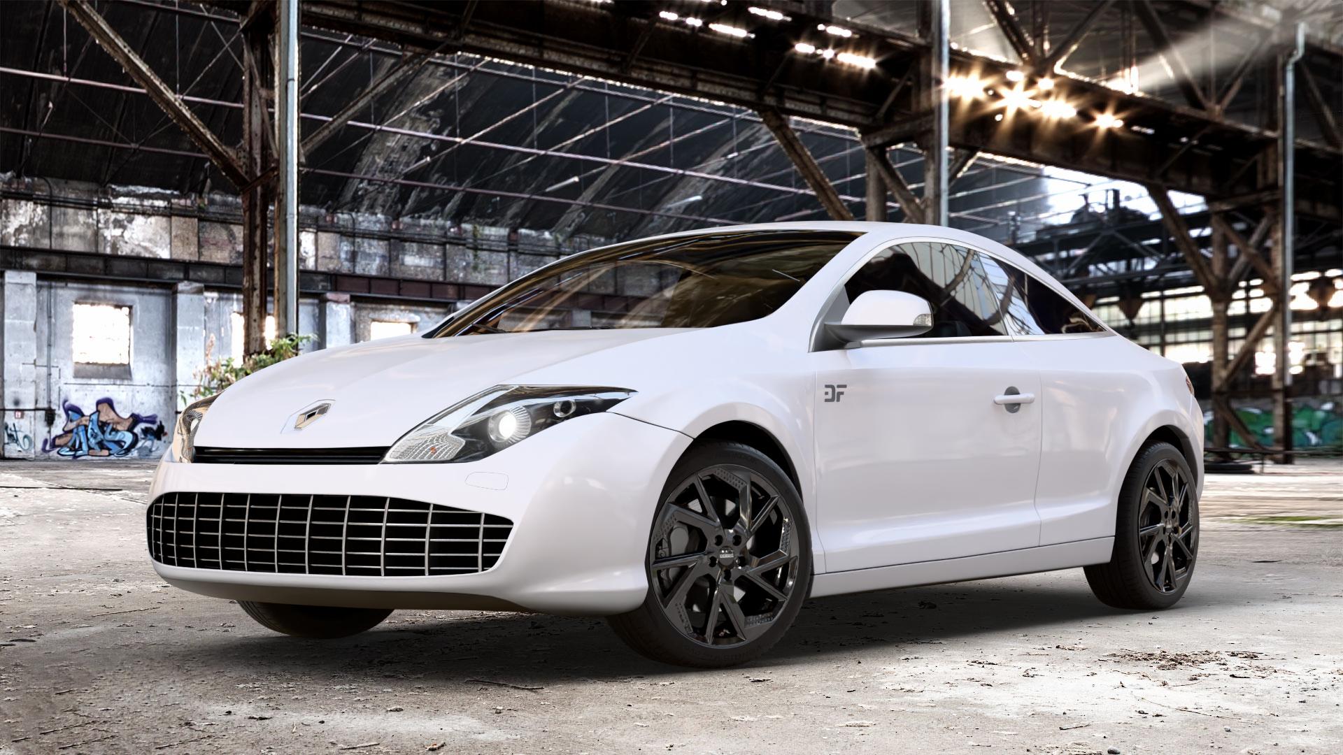 DEZENT AP BLACK Felge mit Reifen schwarz in 18Zoll Winterfelge Alufelge auf weissem Renault Laguna III Coupé Typ T ⬇️ mit 15mm Tieferlegung ⬇️ Old Industrial Hall_max_4400mm_2024 Frontansicht_1