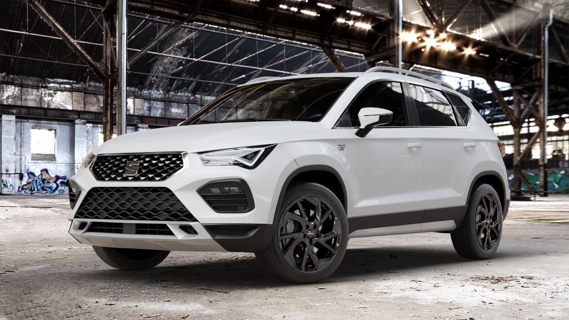 DEZENT AP BLACK Felge mit Reifen schwarz in 18Zoll Winterfelge Alufelge auf weissem Seat Ateca Typ 5FP Facelift ⬇️ mit 15mm Tieferlegung ⬇️ Old Industrial Hall_max_4400mm_2024 Frontansicht_1