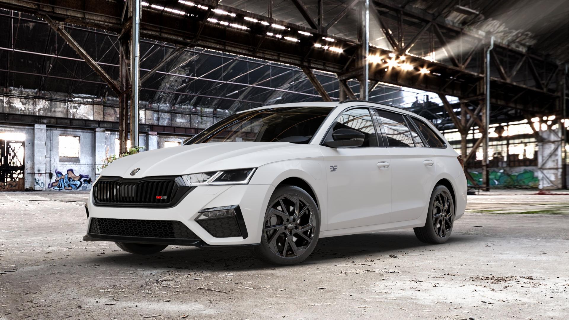 DEZENT AP BLACK Felge mit Reifen schwarz in 18Zoll Winterfelge Alufelge auf weissem Skoda Octavia IV Kombi Typ NX 2,0l TDI 4x4 147kW (200 PS) 1,4l TSI 110kW Hybrid RS (150 180kW (245 ⬇️ mit 15mm Tieferlegung ⬇️ Old Industrial Hall_max_5300mm_2024 Frontansicht_1