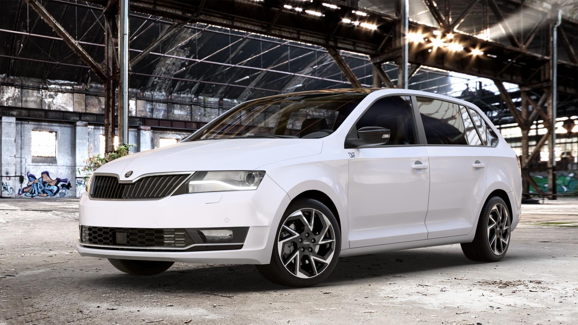 DEZENT AP BLACK/POLISHED Felge mit Reifen schwarz in 16Zoll Winterfelge Alufelge auf weissem Skoda Rapid Spaceback Typ NH Facelift ⬇️ mit 15mm Tieferlegung ⬇️ Old Industrial Hall_max_4400mm_2024 Frontansicht_1