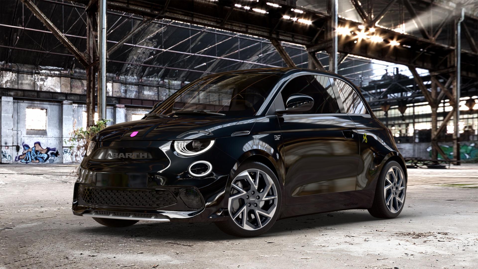 DEZENT AP BLACK/POLISHED Felge mit Reifen schwarz in 17Zoll Winterfelge Alufelge auf schwarzem Fiat 500e Abarth Typ FA1 ⬇️ mit 15mm Tieferlegung ⬇️ Old Industrial Hall_max_4400mm_2024 Frontansicht_1