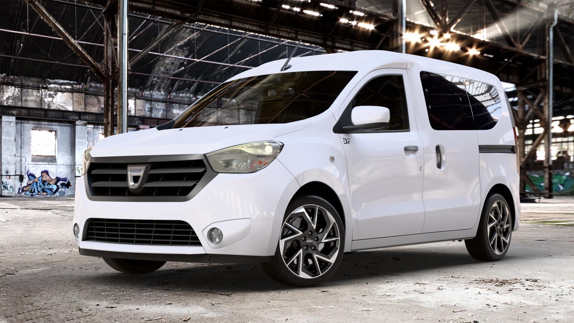 DEZENT AP BLACK/POLISHED Felge mit Reifen schwarz in 17Zoll Winterfelge Alufelge auf weissem Dacia Dokker Typ SD 1,2l 16V 115 85kW (116 PS) 1,5l dCi 75 55kW (75 90 66kW (90 1,6l MPI 85 61kW (83 LPG Facelift ⬇️ mit 15mm Tieferlegung ⬇️ Old Industrial Hall_max_4400mm_2024 Frontansicht_1
