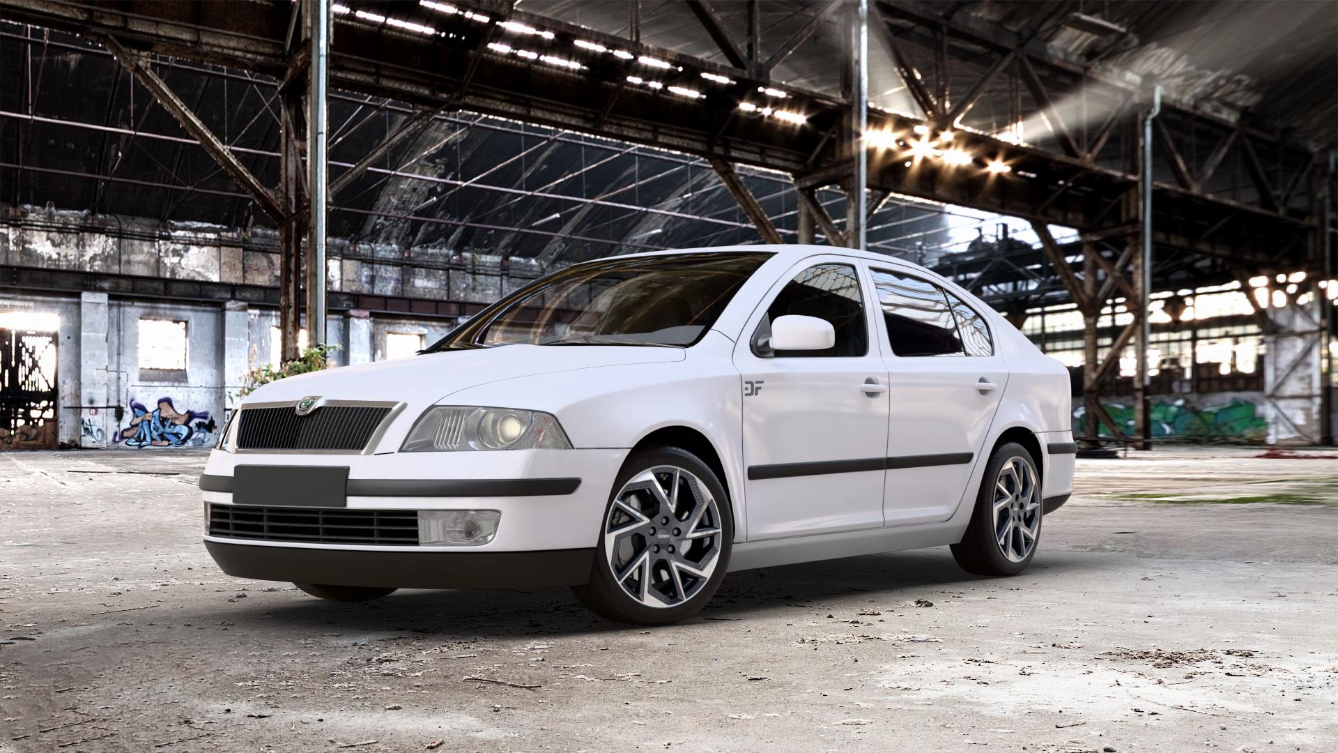 DEZENT AP BLACK/POLISHED Felge mit Reifen schwarz in 17Zoll Winterfelge Alufelge auf weissem Skoda Octavia II Limousine Typ 1Z3 1,4l 55kW (75 PS) 59kW (80 1,6l 75kW (102 FSI 85kW (116 1,8l TSI 118kW (160 1,2l 77kW (105 90kW (122 TDI I 1U2 ⬇️ mit 15mm Tieferlegung ⬇️ Old Industrial Hall_max_5300mm_2024 Frontansicht_1
