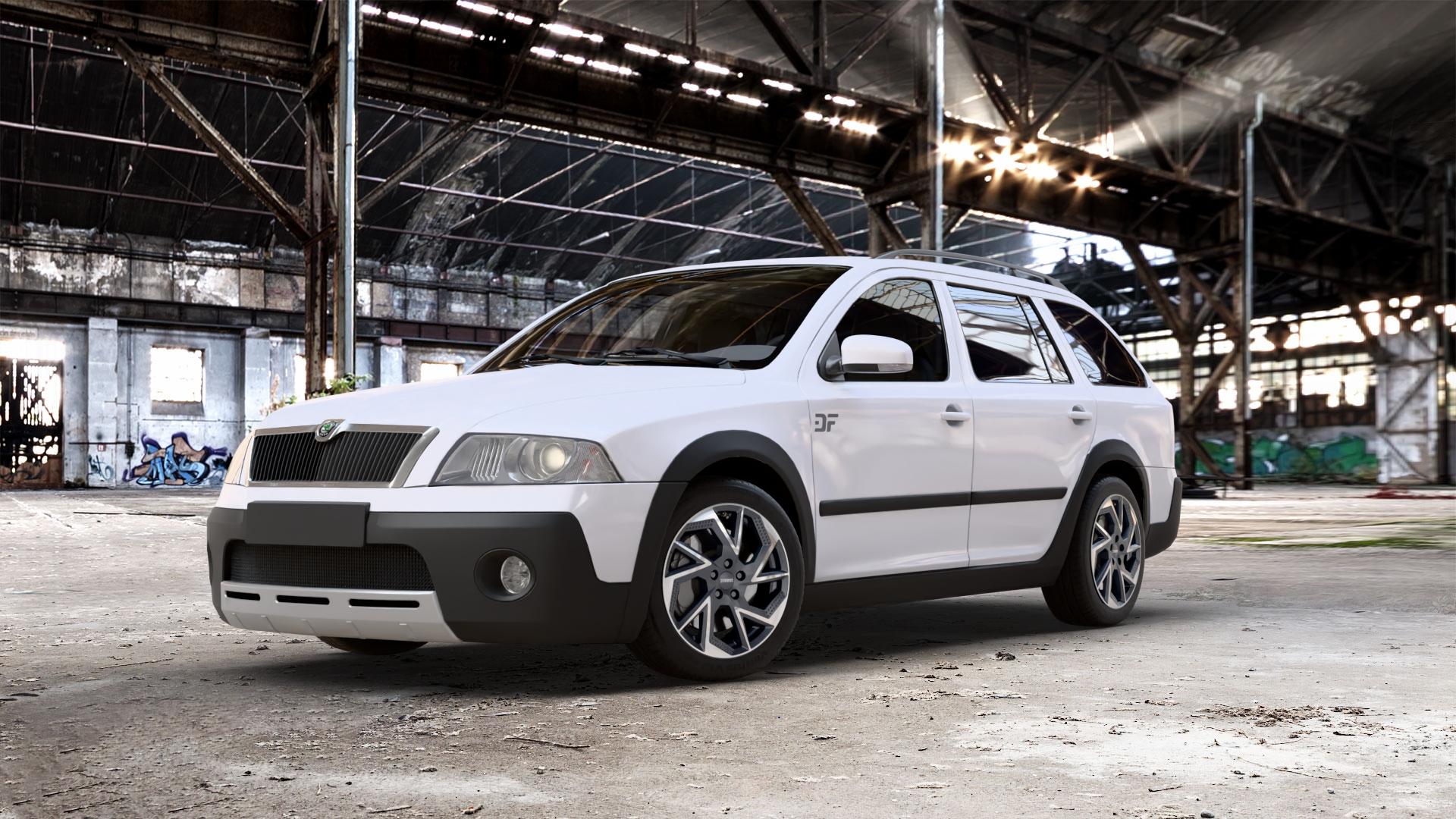 DEZENT AP BLACK/POLISHED Felge mit Reifen schwarz in 17Zoll Winterfelge Alufelge auf weissem Skoda Octavia II Scout Typ 1Z ⬇️ mit 15mm Tieferlegung ⬇️ Old Industrial Hall_max_5300mm_2024 Frontansicht_1
