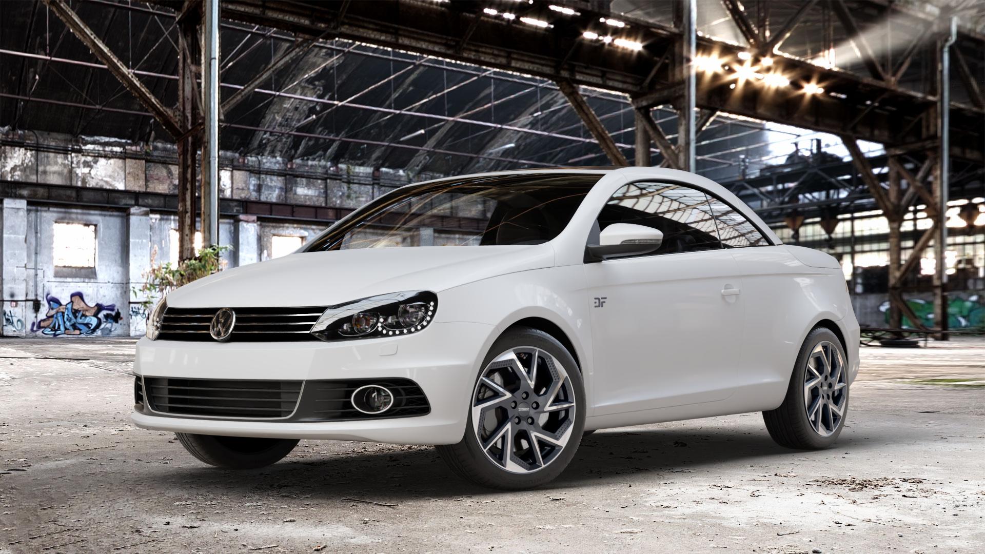 DEZENT AP BLACK/POLISHED Felge mit Reifen schwarz in 17Zoll Winterfelge Alufelge auf weissem Volkswagen (VW) Eos Facelift ⬇️ mit 15mm Tieferlegung ⬇️ Old Industrial Hall_max_4400mm_2024 Frontansicht_1