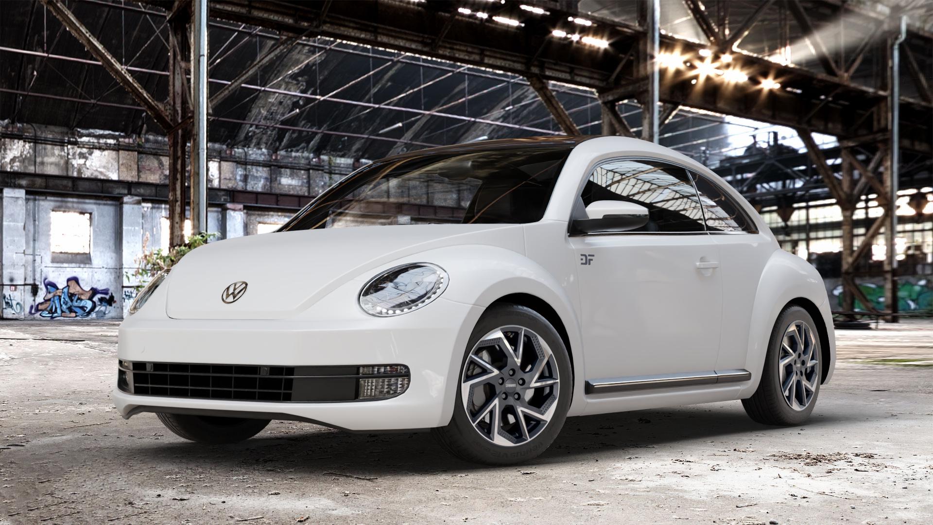 DEZENT AP BLACK/POLISHED Felge mit Reifen schwarz in 17Zoll Winterfelge Alufelge auf weissem Volkswagen (VW) The Beetle Typ 16 ⬇️ mit 15mm Tieferlegung ⬇️ Old Industrial Hall_max_4400mm_2024 Frontansicht_1