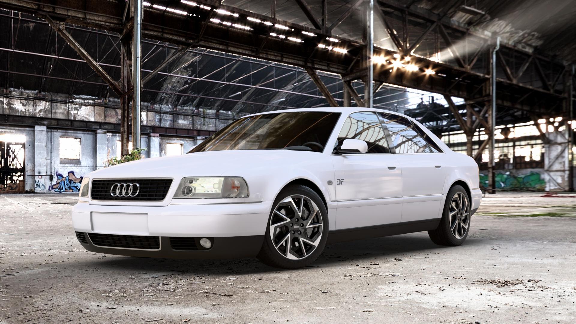 DEZENT AP Black/polished Felge mit Reifen schwarz in 18Zoll Winterfelge Alufelge auf weissem Audi A8 Typ D2/4D 2,8l 128kW (174 PS) 142kW (193 2,5l TDI 110kW (150 132kW (179 quattro ⬇️ mit 15mm Tieferlegung ⬇️ Old Industrial Hall_max_5300mm_2024 Frontansicht_1