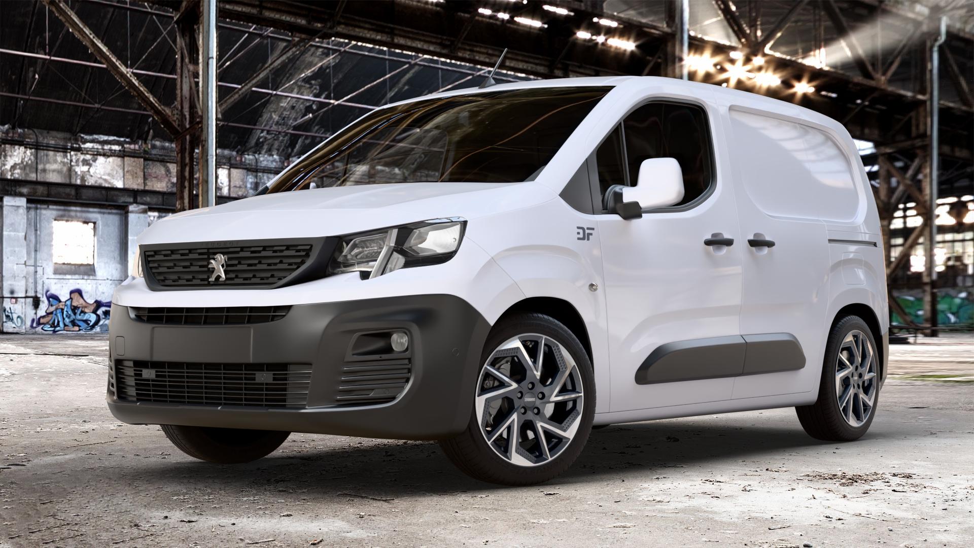 DEZENT AP BLACK/POLISHED Felge mit Reifen schwarz in 18Zoll Winterfelge Alufelge auf weissem Peugeot Partner III Typ E 1,5l HDi 96kW (131 PS) 75kW (102 1,2l PureTech 81kW (110 56kW (76 1,6l 55kW (75 73kW (99 0,0l e-Partner 57kW (77 ⬇️ mit 15mm Tieferlegung ⬇️ Old Industrial Hall_max_4400mm_2024 Frontansicht_1