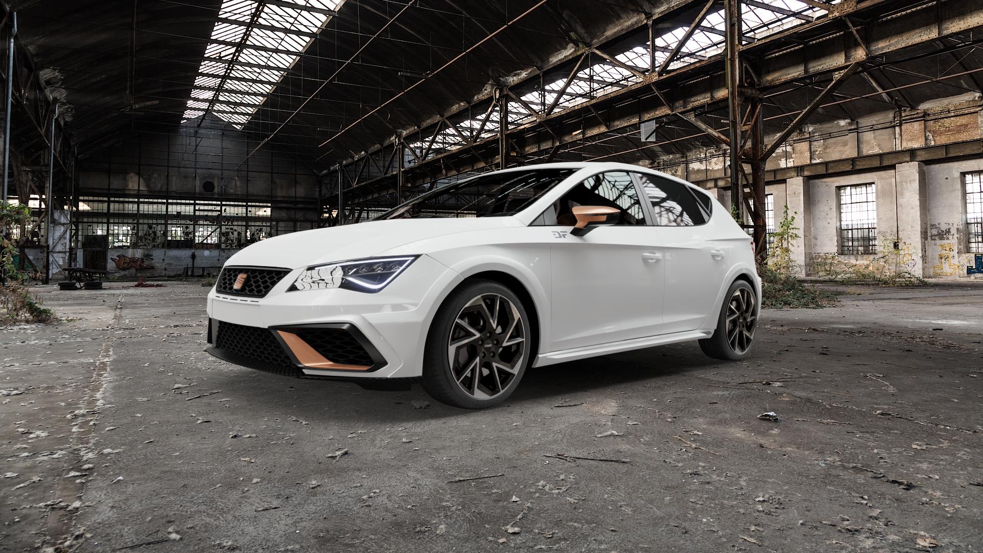 DEZENT AP BLACK/POLISHED Felge mit Reifen schwarz in 18Zoll Winterfelge Alufelge auf weissem Seat Leon Typ 5F Facelift 2,0l Cupra 300 221kW (300 PS) R 310 228kW (310 290 213kW (290 ⬇️ mit 15mm Tieferlegung ⬇️ Old Industrial Hall_max5000mm_2022 Frontansicht_1