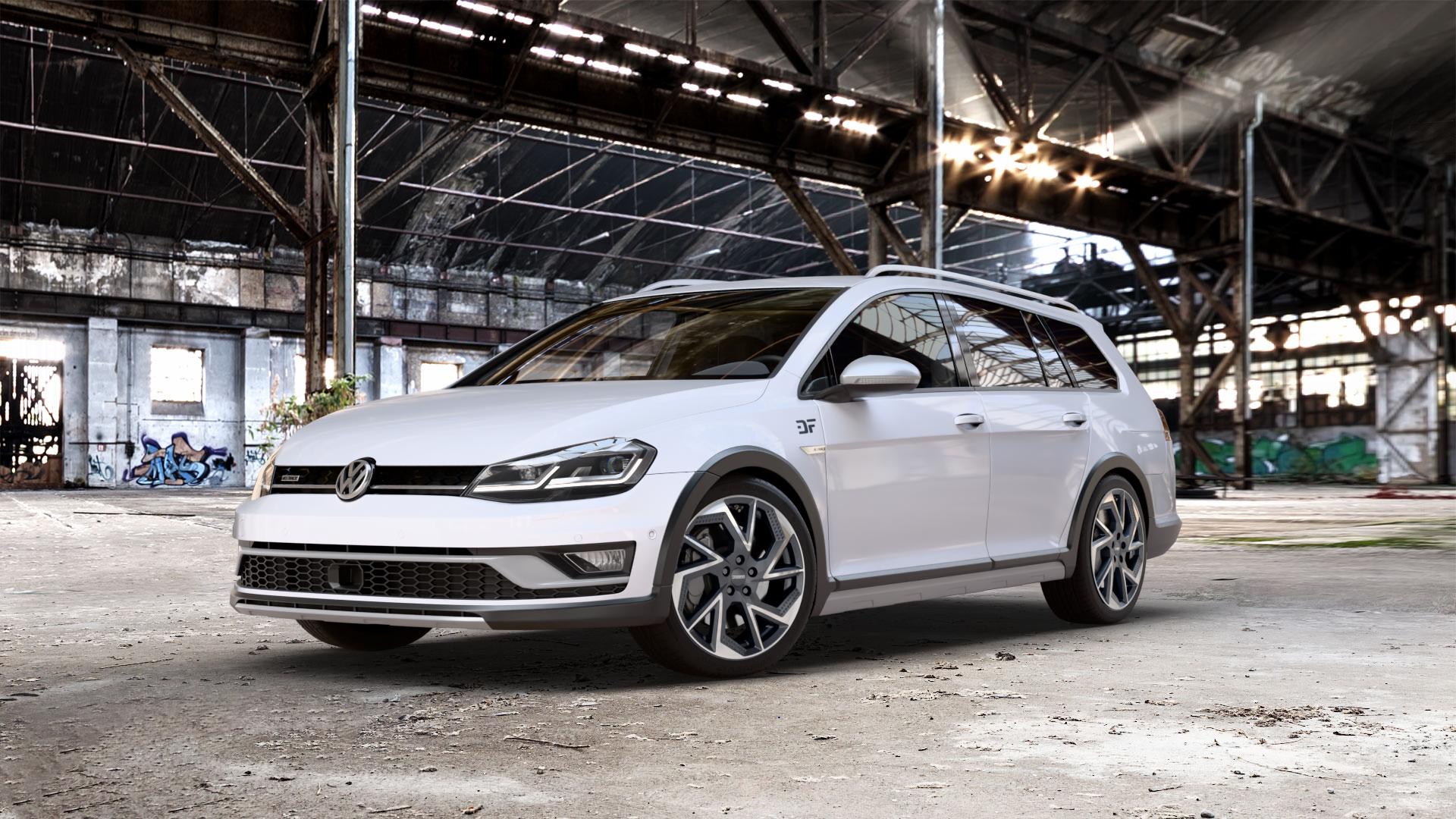 DEZENT AP BLACK/POLISHED Felge mit Reifen schwarz in 18Zoll Winterfelge Alufelge auf weissem Volkswagen (VW) Golf 7 Alltrack 2,0l TDI 4Motion 135kW (184 PS) ⬇️ mit 15mm Tieferlegung ⬇️ Old Industrial Hall_max_5300mm_2024 Frontansicht_1