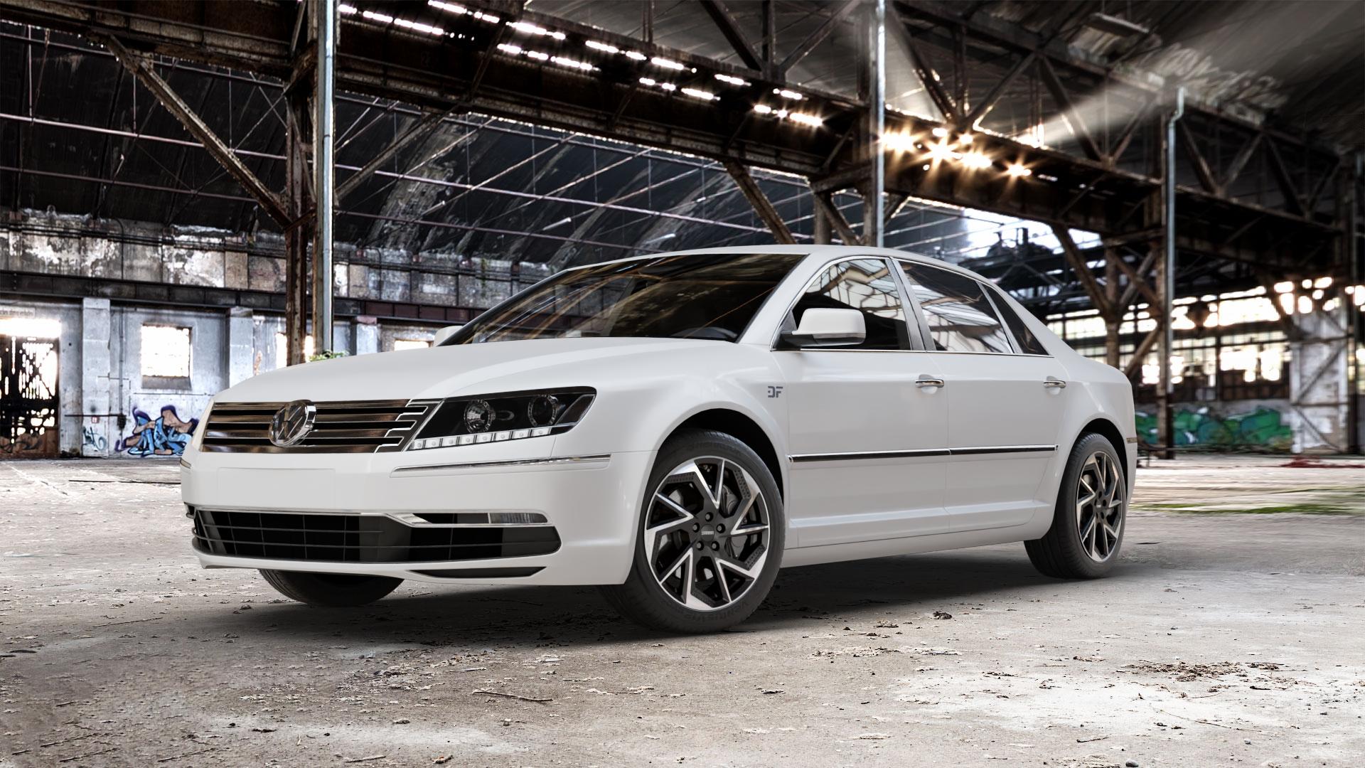 DEZENT AP BLACK/POLISHED Felge mit Reifen schwarz in 18Zoll Winterfelge Alufelge auf weissem Volkswagen (VW) Phaeton Typ 3D (Facelift 10->) ⬇️ mit 15mm Tieferlegung ⬇️ Old Industrial Hall_max_5300mm_2024 Frontansicht_1