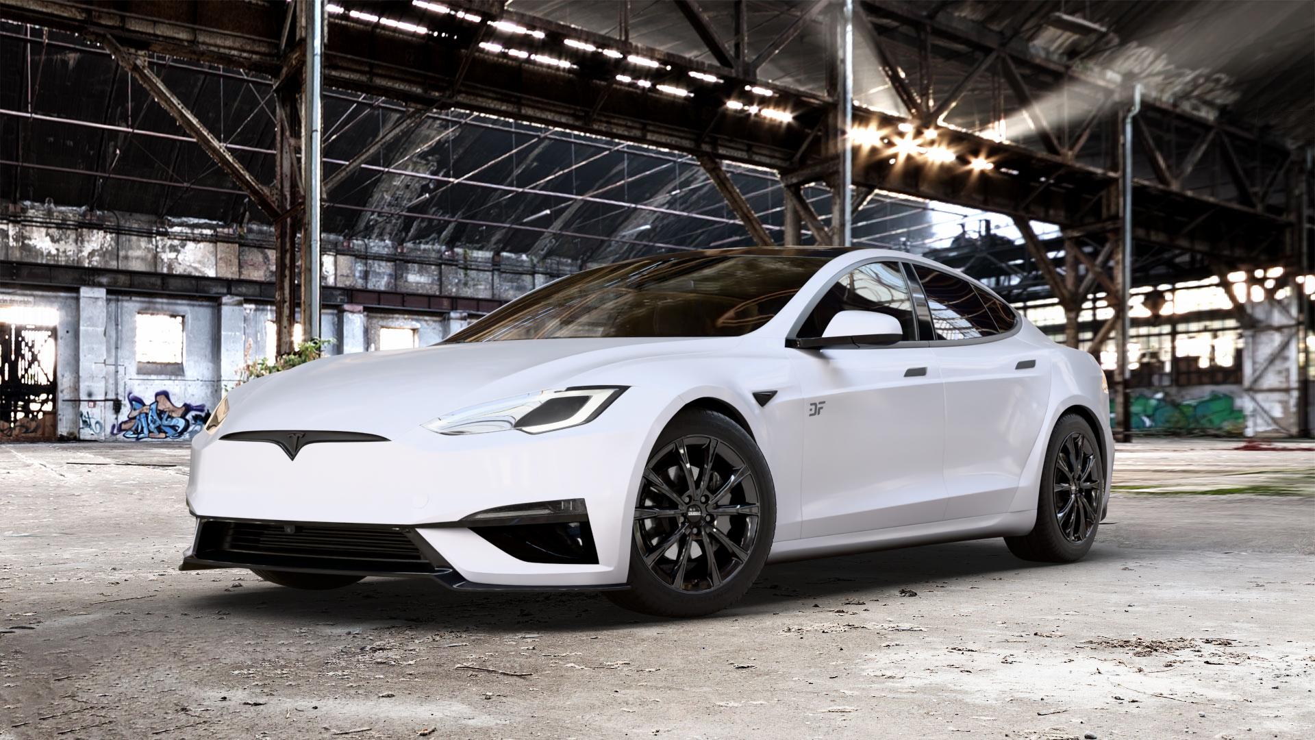 DEZENT AR BLACK Felge mit Reifen schwarz in 19Zoll Winterfelge Alufelge auf weissem Tesla Model S Typ 006 0,0l 357kW Plaid AWD (485 PS) ⬇️ mit 15mm Tieferlegung ⬇️ Old Industrial Hall_max_5300mm_2024 Frontansicht_1