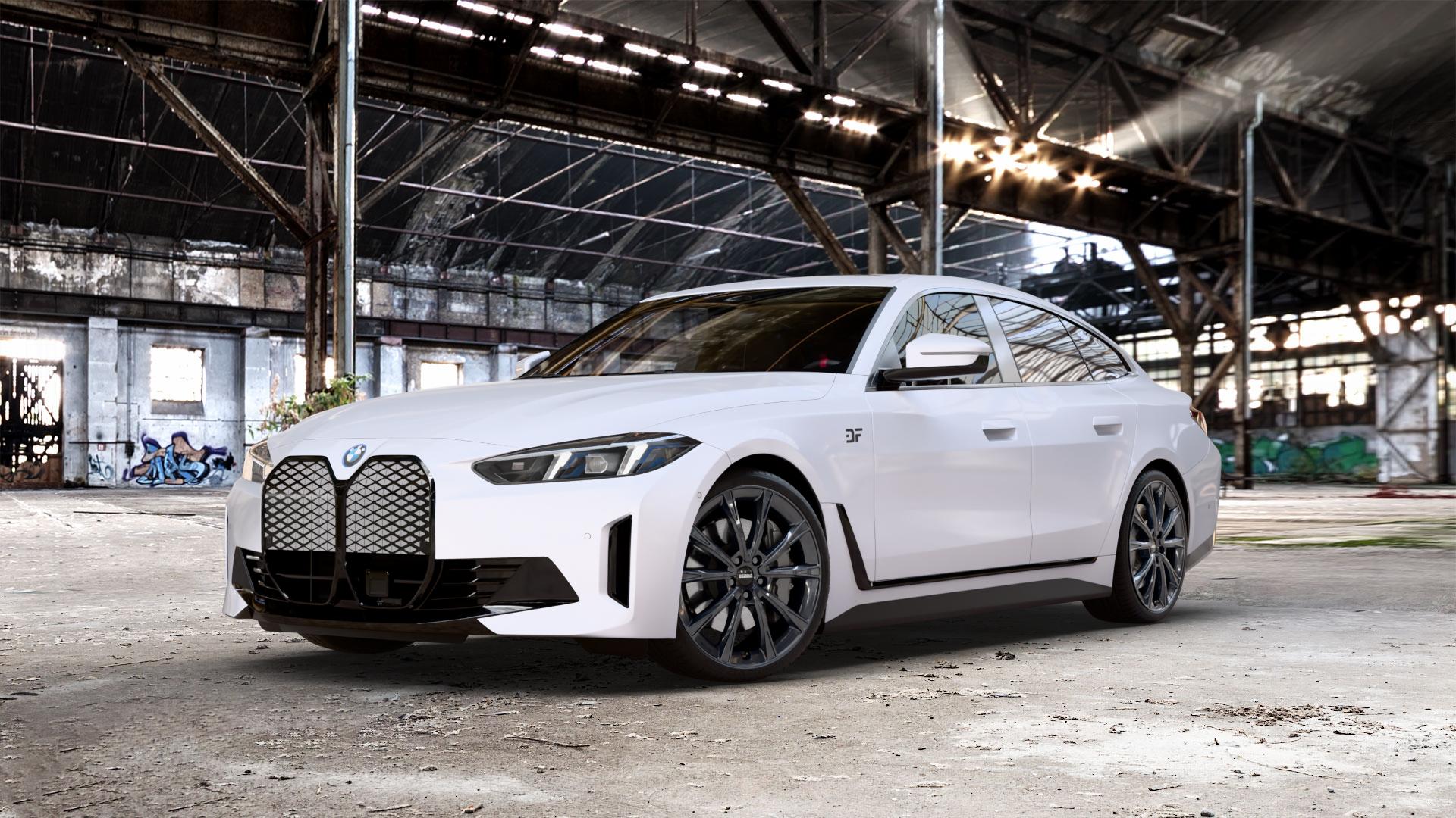 DEZENT AR BLACK Felge mit Reifen schwarz in 20Zoll Winterfelge Alufelge auf unilack weißem BMW i4 Facelift (G4C) ⬇️ mit 15mm Tieferlegung ⬇️ Old Industrial Hall_max_5300mm_2024 Frontansicht_1