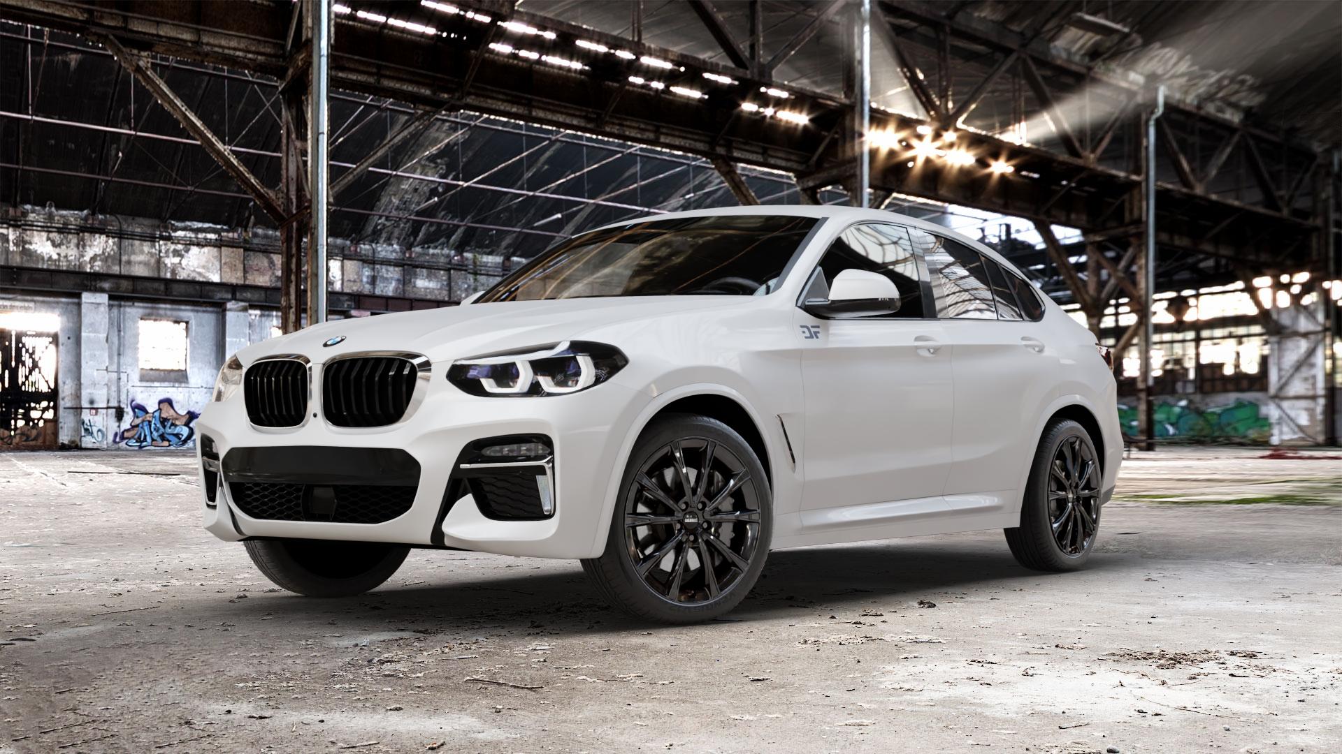 DEZENT AR BLACK Felge mit Reifen schwarz in 20Zoll Winterfelge Alufelge auf weissem BMW X4 Typ G02 (G4X) ⬇️ mit 15mm Tieferlegung ⬇️ Old Industrial Hall_max_5300mm_2024 Frontansicht_1