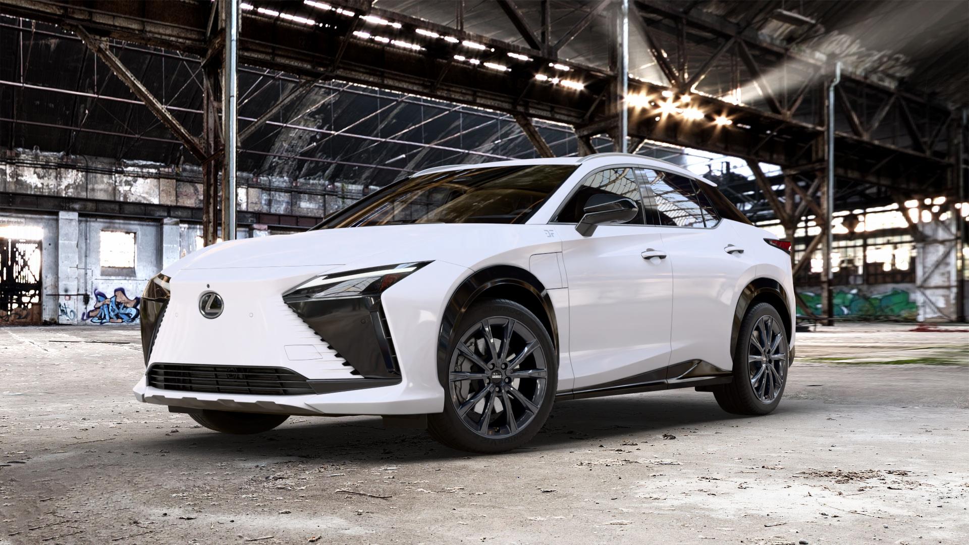 DEZENT AR BLACK Felge mit Reifen schwarz in 20Zoll Winterfelge Alufelge auf weissem Lexus RZ Typ EBM1(M) ⬇️ mit 15mm Tieferlegung ⬇️ Old Industrial Hall_max_5300mm_2024 Frontansicht_1