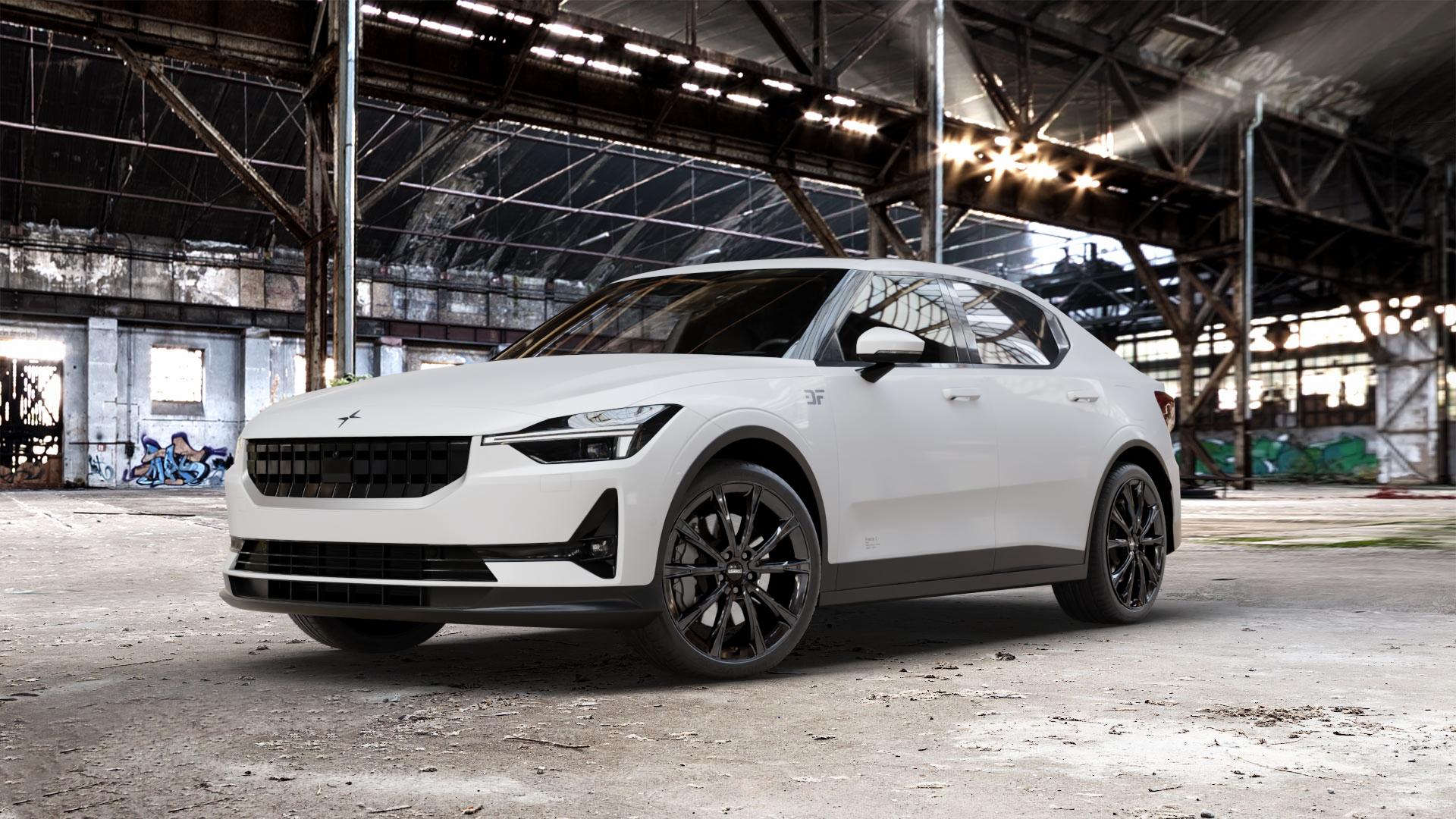 DEZENT AR BLACK Felge mit Reifen schwarz in 20Zoll Winterfelge Alufelge auf weissem Polestar 2 ⬇️ mit 15mm Tieferlegung ⬇️ Old Industrial Hall_max_5300mm_2024 Frontansicht_1