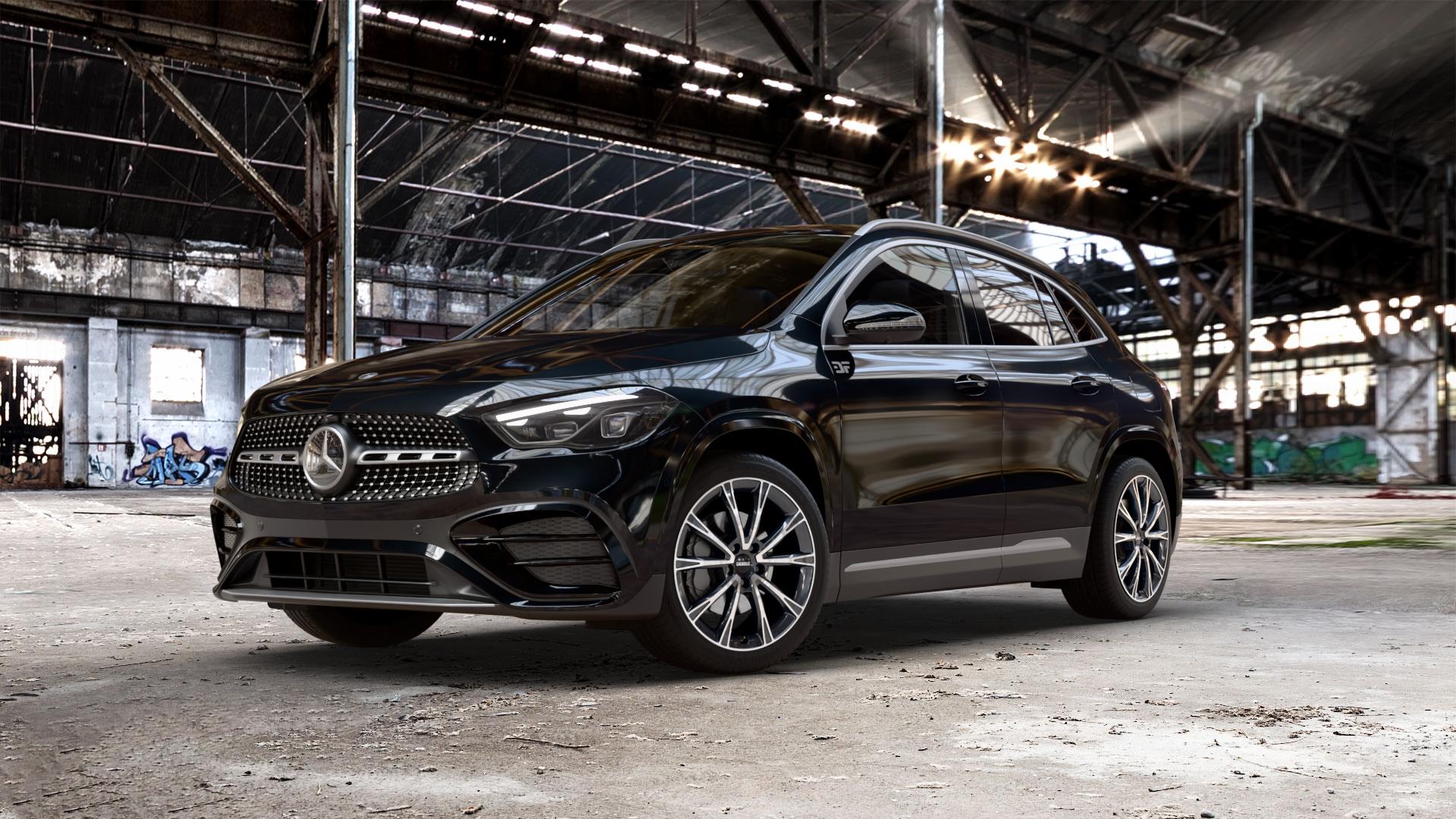 DEZENT AR BLACK/POLISHED Felge mit Reifen schwarz in 19Zoll Winterfelge Alufelge auf schwarzem metallic Mercedes GLA-Klasse Typ F2B Facelift ⬇️ mit 15mm Tieferlegung ⬇️ Old Industrial Hall_max_5300mm_2024 Frontansicht_1