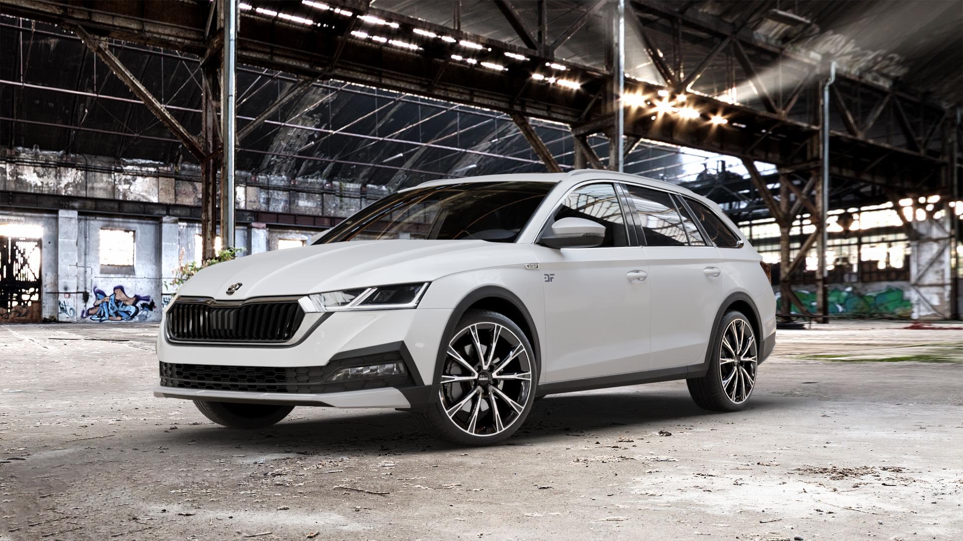 DEZENT AR BLACK/POLISHED Felge mit Reifen schwarz in 19Zoll Winterfelge Alufelge auf weissem Skoda Octavia IV Scout Typ NX ⬇️ mit 15mm Tieferlegung ⬇️ Old Industrial Hall_max_5300mm_2024 Frontansicht_1