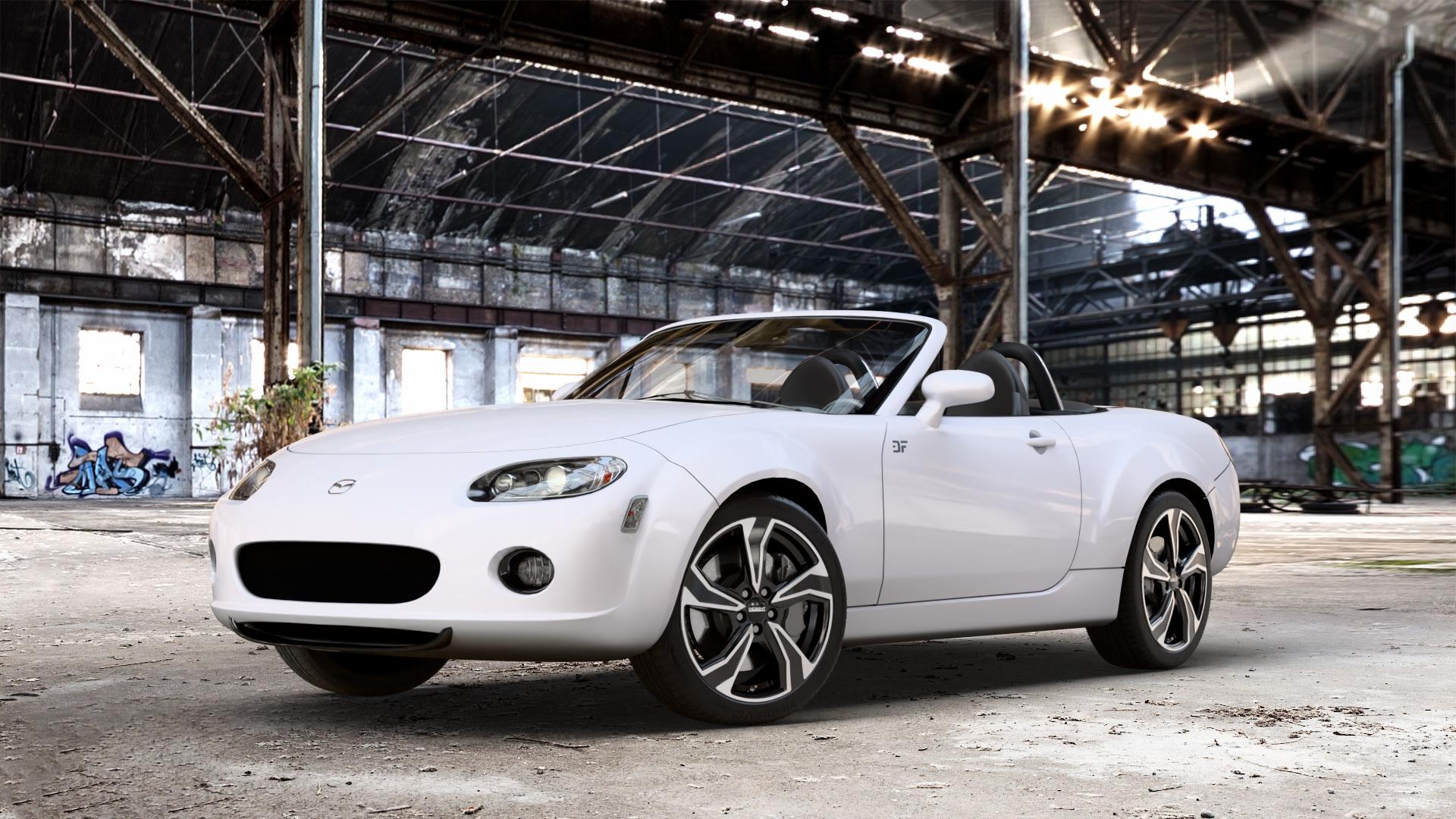 DEZENT KB BLACK/POLISHED Felge mit Reifen schwarz in 17Zoll Winterfelge Alufelge auf weissem Mazda MX-5 III (NC) ⬇️ mit 15mm Tieferlegung ⬇️ Old Industrial Hall_max_4400mm_2024 Frontansicht_1
