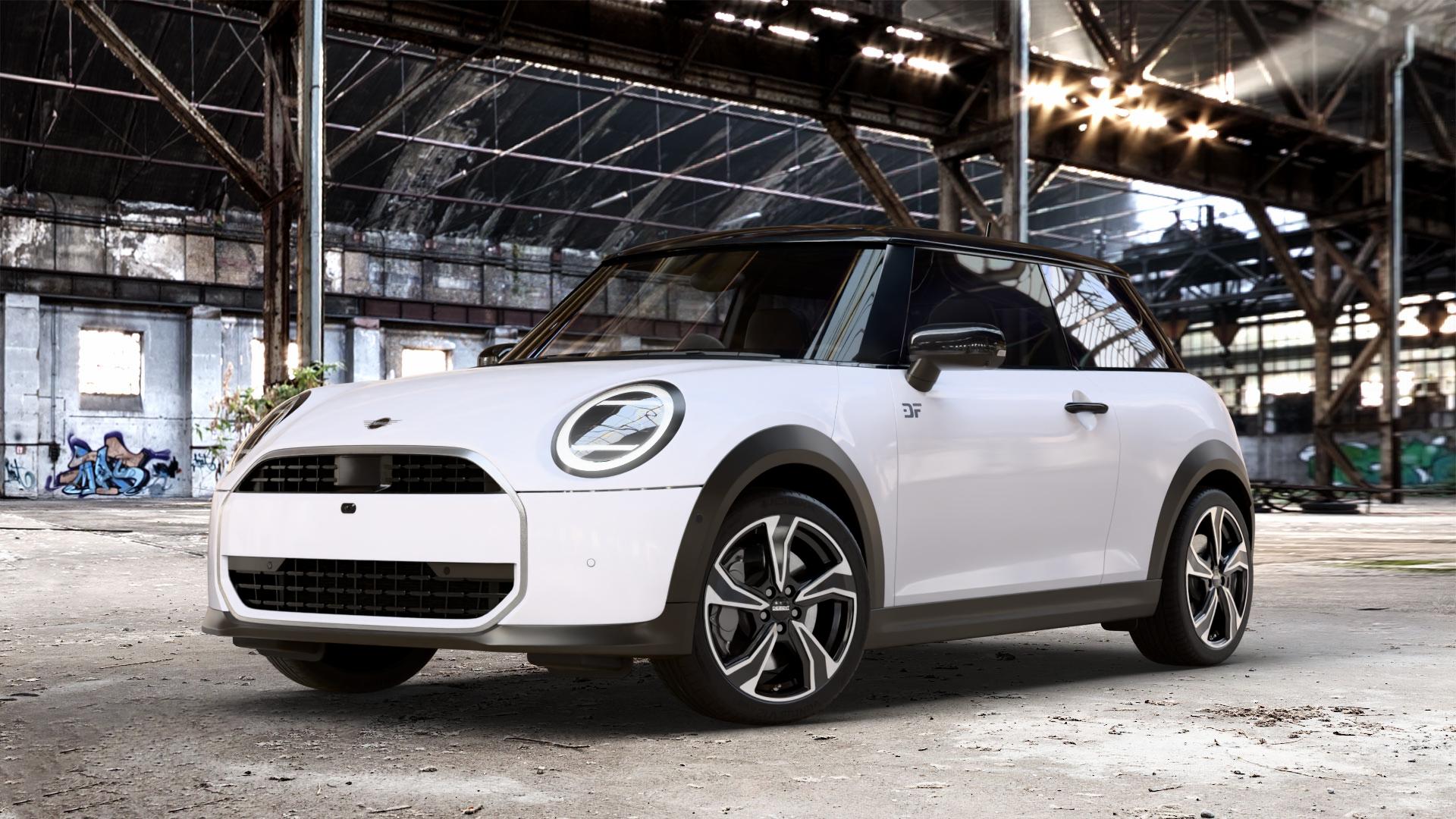DEZENT KB BLACK/POLISHED Felge mit Reifen schwarz in 17Zoll Winterfelge Alufelge auf weissem Mini F66 Typ FM6 (3-Türer Limousine) 1,5l Cooper C 100kW (136 PS) 115kW (156 2,0l S 150kW (204 JCW 170kW (231 ⬇️ mit 15mm Tieferlegung ⬇️ Old Industrial Hall_max_4400mm_2024 Frontansicht_1
