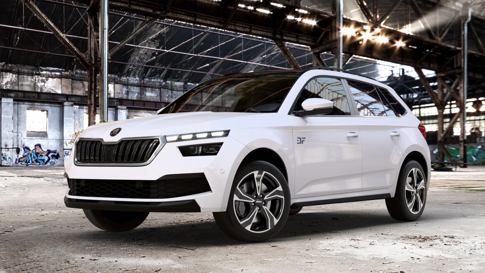 DEZENT KB BLACK/POLISHED Felge mit Reifen schwarz in 17Zoll Winterfelge Alufelge auf weissem Skoda Kamiq Typ NW ⬇️ mit 15mm Tieferlegung ⬇️ Old Industrial Hall_max_4400mm_2024 Frontansicht_1
