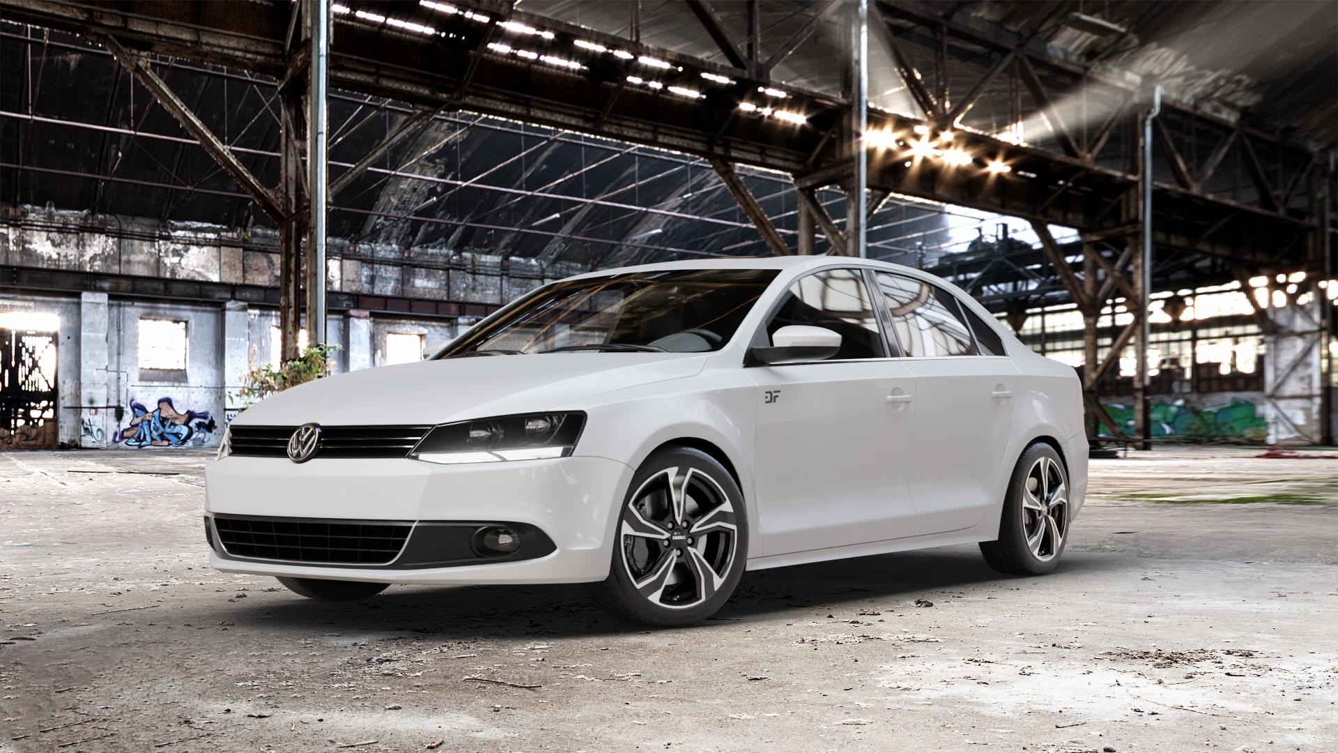 DEZENT KB BLACK/POLISHED Felge mit Reifen schwarz in 17Zoll Winterfelge Alufelge auf weissem Volkswagen (VW) Jetta 6 Typ 16 Facelift ⬇️ mit 15mm Tieferlegung ⬇️ Old Industrial Hall_max_5300mm_2024 Frontansicht_1