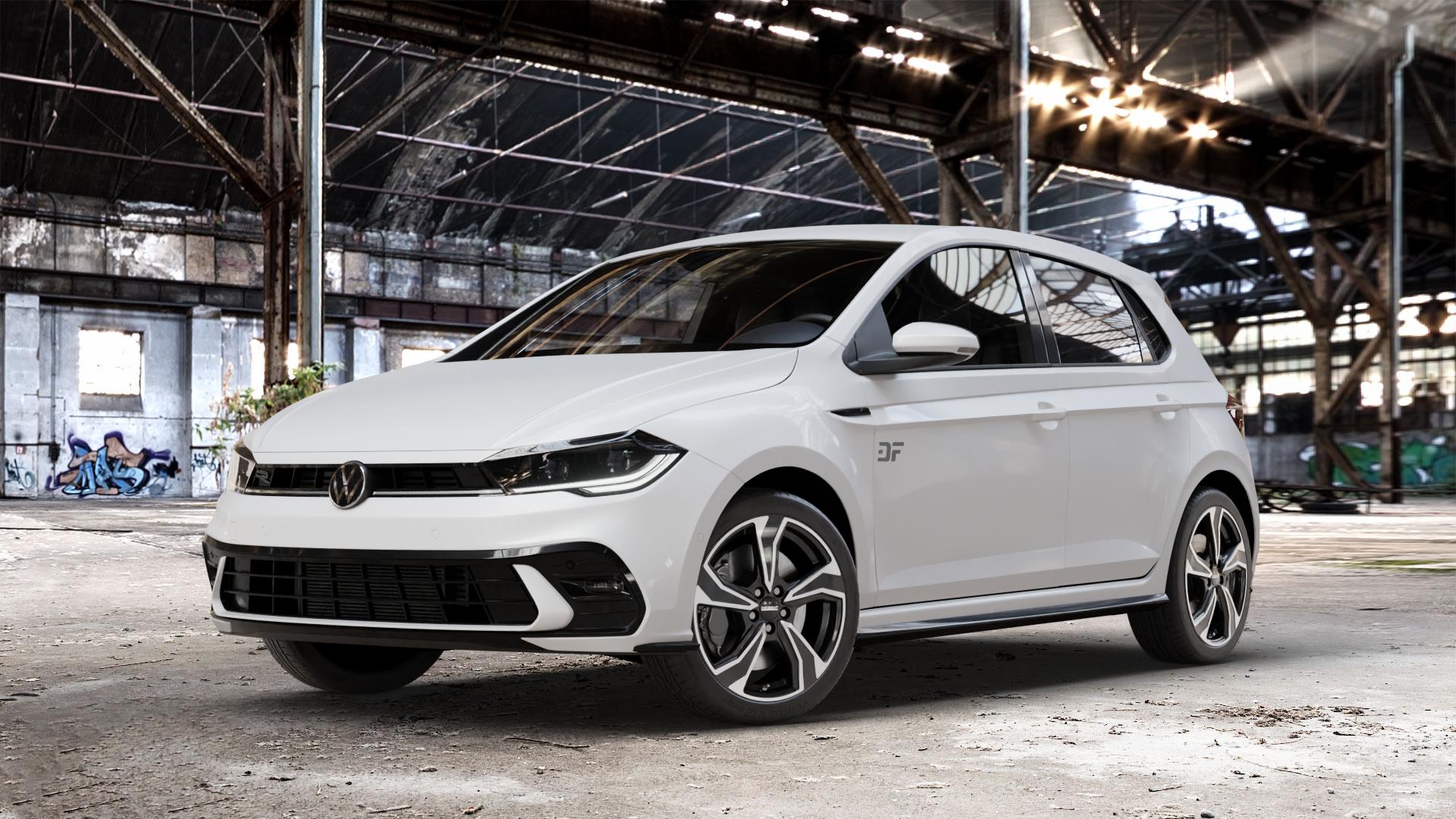 DEZENT KB BLACK/POLISHED Felge mit Reifen schwarz in 17Zoll Winterfelge Alufelge auf weissem Volkswagen (VW) Polo VI Typ AW Facelift 1,0l TGI 66kW (90 PS) TSI 81kW (110 70kW (95 MPI 59kW (80 ⬇️ mit 15mm Tieferlegung ⬇️ Old Industrial Hall_max_4400mm_2024 Frontansicht_1