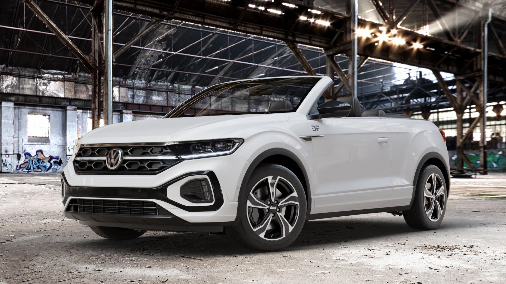 DEZENT KB BLACK/POLISHED Felge mit Reifen schwarz in 17Zoll Winterfelge Alufelge auf weissem Volkswagen (VW) T-Roc Cabrio Facelift ⬇️ mit 15mm Tieferlegung ⬇️ Old Industrial Hall_max_4400mm_2024 Frontansicht_1