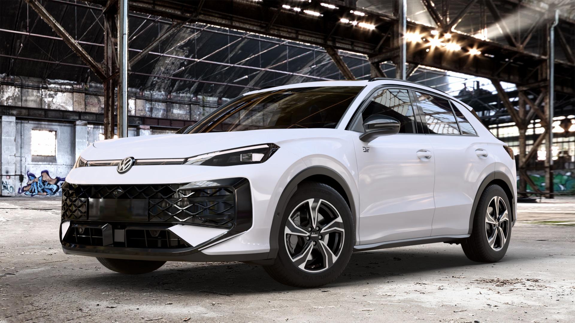 DEZENT KB BLACK/POLISHED Felge mit Reifen schwarz in 17Zoll Winterfelge Alufelge auf weissem Volkswagen (VW) T-Roc Typ A2 ⬇️ mit 15mm Tieferlegung ⬇️ Old Industrial Hall_max_4400mm_2024 Frontansicht_1