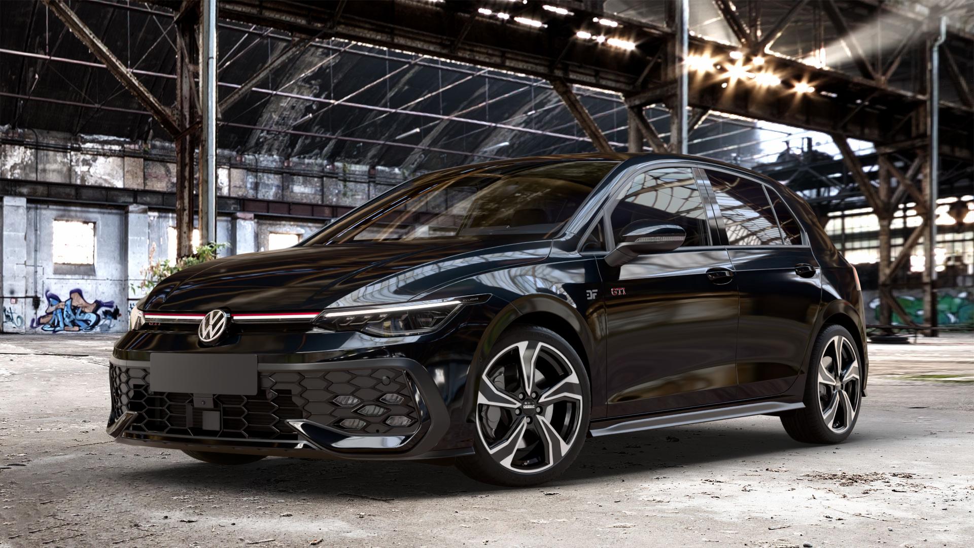 DEZENT KB BLACK/POLISHED Felge mit Reifen schwarz in 18Zoll Winterfelge Alufelge auf metallic schwarzem Volkswagen (VW) Golf 8 Facelift 2,0l GTI 195kW (265 PS) ⬇️ mit 15mm Tieferlegung ⬇️ Old Industrial Hall_max_4400mm_2024 Frontansicht_1