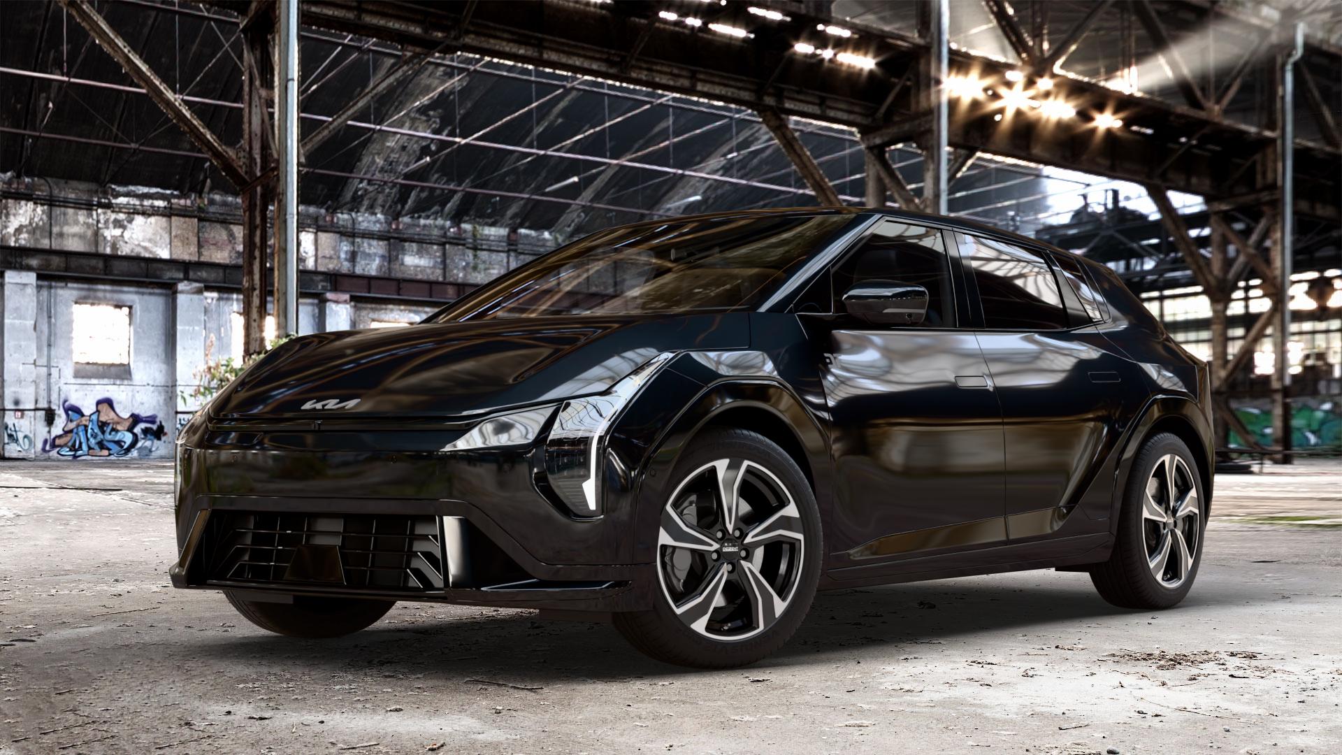 DEZENT KB BLACK/POLISHED Felge mit Reifen schwarz in 18Zoll Winterfelge Alufelge auf schwarzem Kia EV4 Typ SZ1E 0,0l 50kW (68 PS) ⬇️ mit 15mm Tieferlegung ⬇️ Old Industrial Hall_max_4400mm_2024 Frontansicht_1