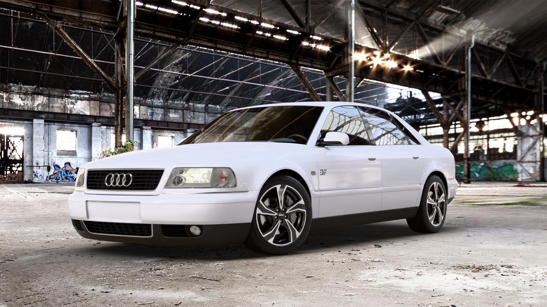 DEZENT KB BLACK/POLISHED Felge mit Reifen schwarz in 18Zoll Winterfelge Alufelge auf weissem Audi A8 Typ D2/4D 2,8l 128kW (174 PS) 142kW (193 2,5l TDI 110kW (150 132kW (179 quattro ⬇️ mit 15mm Tieferlegung ⬇️ Old Industrial Hall_max_5300mm_2024 Frontansicht_1
