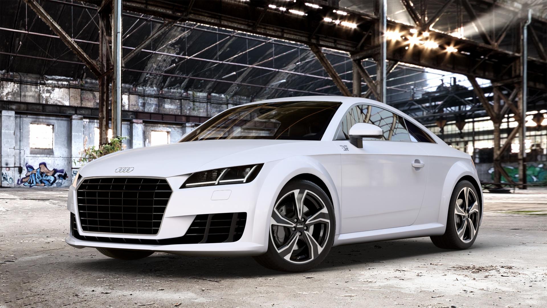 DEZENT KB BLACK/POLISHED Felge mit Reifen schwarz in 18Zoll Winterfelge Alufelge auf weissem Audi TT III Typ 8S (Coupé) (Roadster) ⬇️ mit 15mm Tieferlegung ⬇️ Old Industrial Hall_max_4400mm_2024 Frontansicht_1