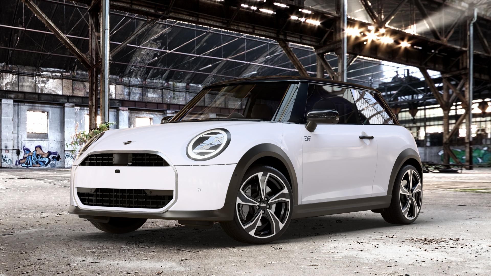 DEZENT KB BLACK/POLISHED Felge mit Reifen schwarz in 18Zoll Winterfelge Alufelge auf weissem Mini F66 Typ FM6 (3-Türer Limousine) 1,5l Cooper C 100kW (136 PS) 115kW (156 2,0l S 150kW (204 JCW 170kW (231 ⬇️ mit 15mm Tieferlegung ⬇️ Old Industrial Hall_max_4400mm_2024 Frontansicht_1