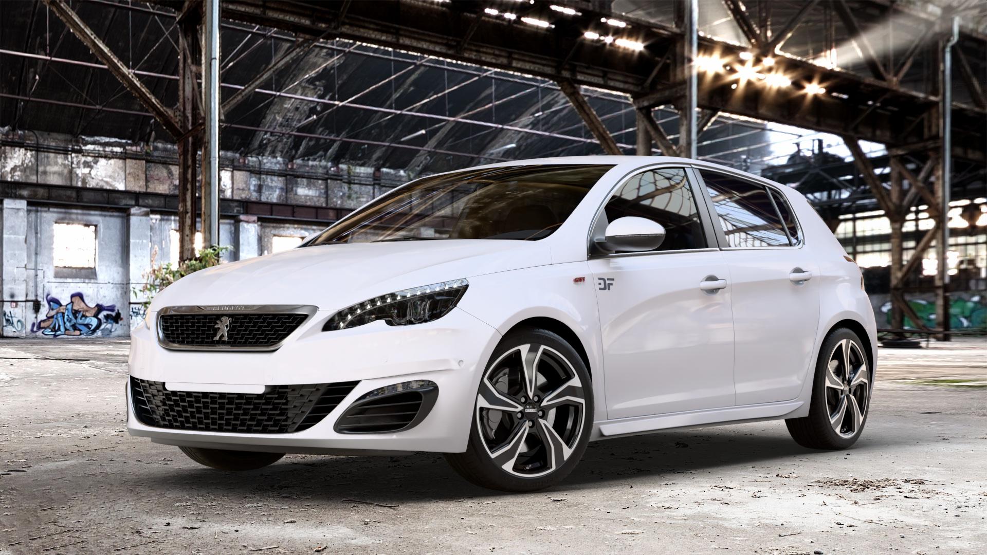 DEZENT KB BLACK/POLISHED Felge mit Reifen schwarz in 18Zoll Winterfelge Alufelge auf weissem Peugeot 308 II Typ L Facelift ⬇️ mit 15mm Tieferlegung ⬇️ Old Industrial Hall_max_4400mm_2024 Frontansicht_1