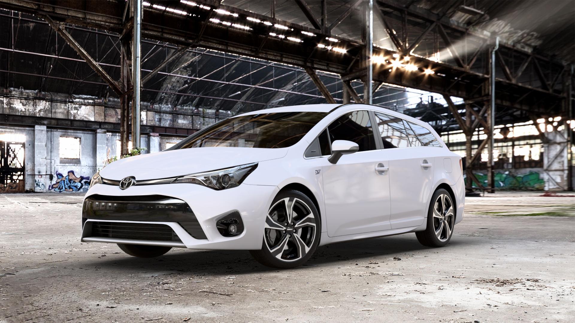 DEZENT KB BLACK/POLISHED Felge mit Reifen schwarz in 18Zoll Winterfelge Alufelge auf weissem Toyota Avensis Combi Typ T27 Facelift 15-> ⬇️ mit 15mm Tieferlegung ⬇️ Old Industrial Hall_max_5300mm_2024 Frontansicht_1