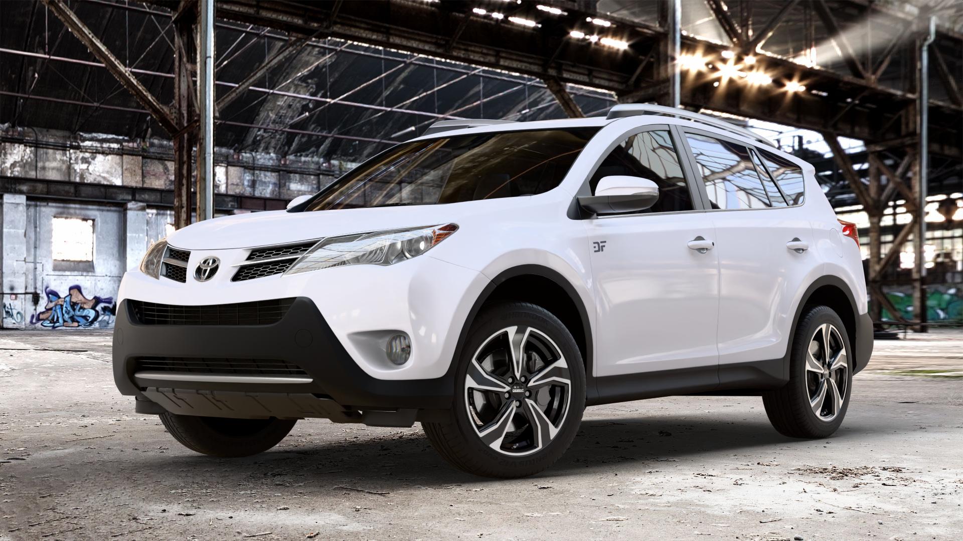 DEZENT KB BLACK/POLISHED Felge mit Reifen schwarz in 18Zoll Winterfelge Alufelge auf weissem Toyota RAV 4 IV Typ XA3(a) Facelift XA3(a), XA4 ⬇️ mit 15mm Tieferlegung ⬇️ Old Industrial Hall_max_4400mm_2024 Frontansicht_1