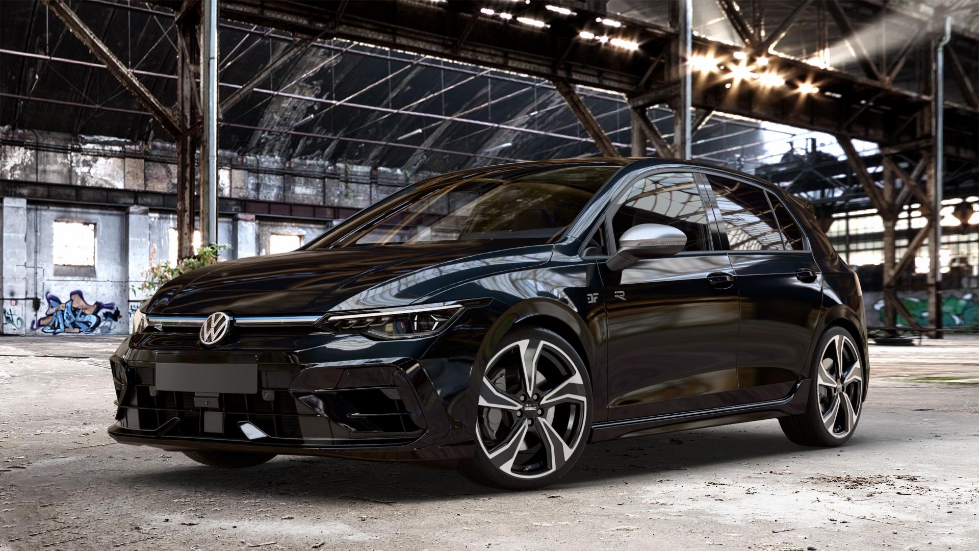 DEZENT KB BLACK/POLISHED Felge mit Reifen schwarz in 19Zoll Winterfelge Alufelge auf metallic schwarzem Volkswagen (VW) Golf 8 Facelift 2,0l R 4Motion 245kW (333 PS) ⬇️ mit 15mm Tieferlegung ⬇️ Old Industrial Hall_max_4400mm_2024 Frontansicht_1
