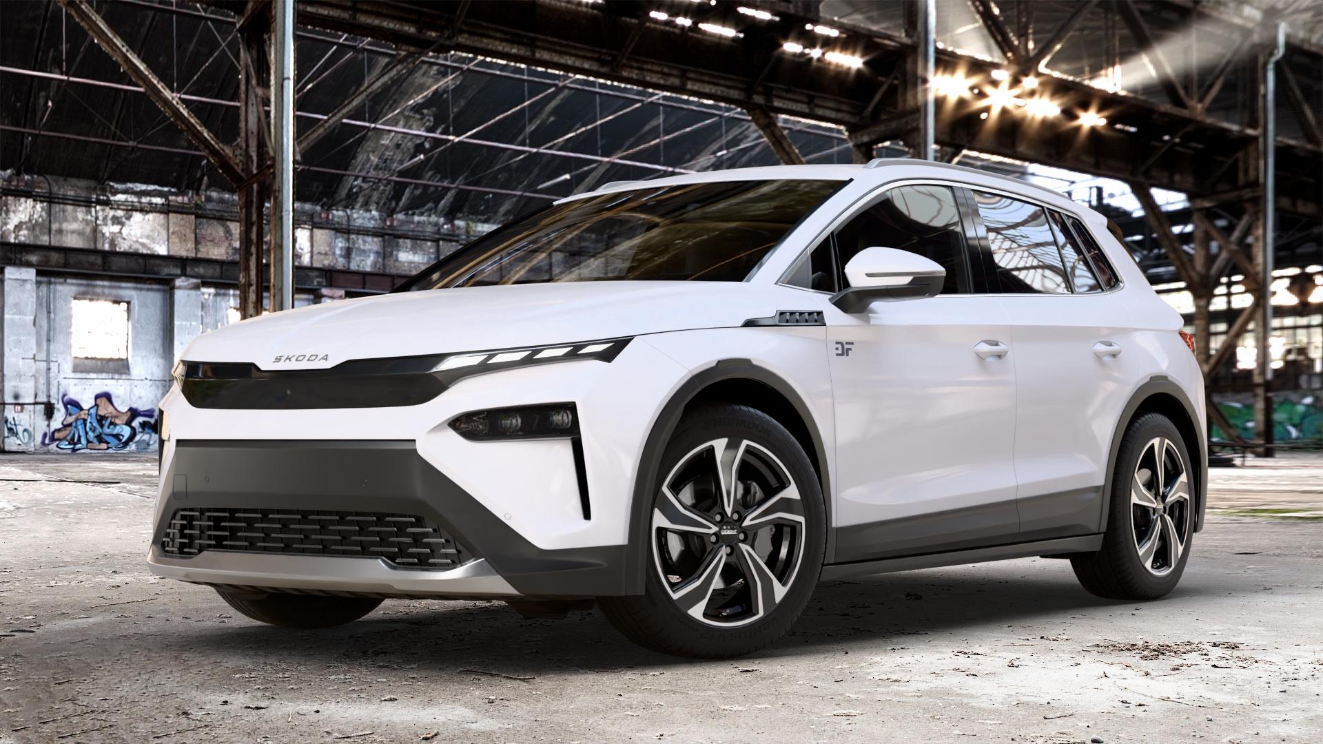 DEZENT KB BLACK/POLISHED Felge mit Reifen schwarz in 19Zoll Winterfelge Alufelge auf weissem Skoda Elroq Typ NY 0,0l 89kW 85 (121 PS) 70kW 60 (95 50 ⬇️ mit 15mm Tieferlegung ⬇️ Old Industrial Hall_max_4400mm_2024 Frontansicht_1