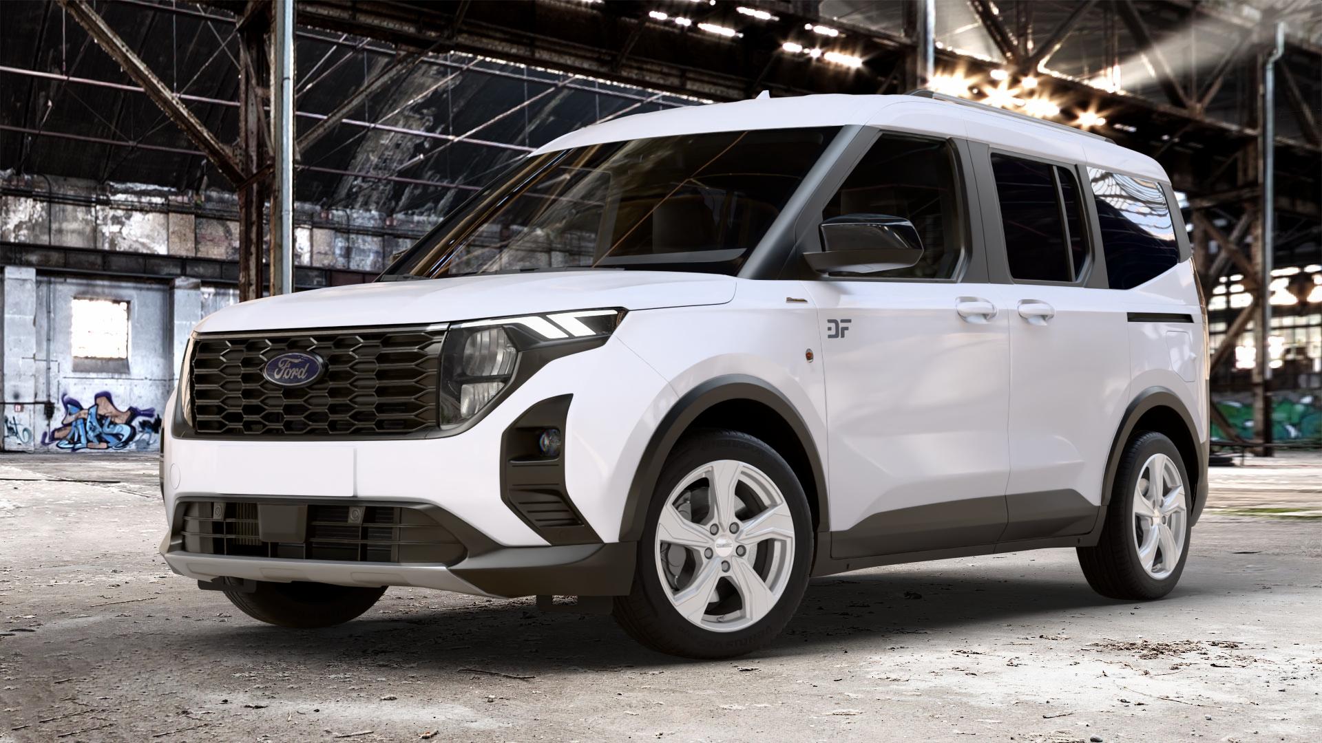 DEZENT KB SILVER Felge mit Reifen silber schwarz in 17Zoll Winterfelge Alufelge auf weissem Ford Tourneo Courier Typ N3P 1,0l EcoBoost 92kW (125 PS) 74kW (101 1,5l EcoBlue 73kW (99 ⬇️ mit 15mm Tieferlegung ⬇️ Old Industrial Hall_max_4400mm_2024 Frontansicht_1