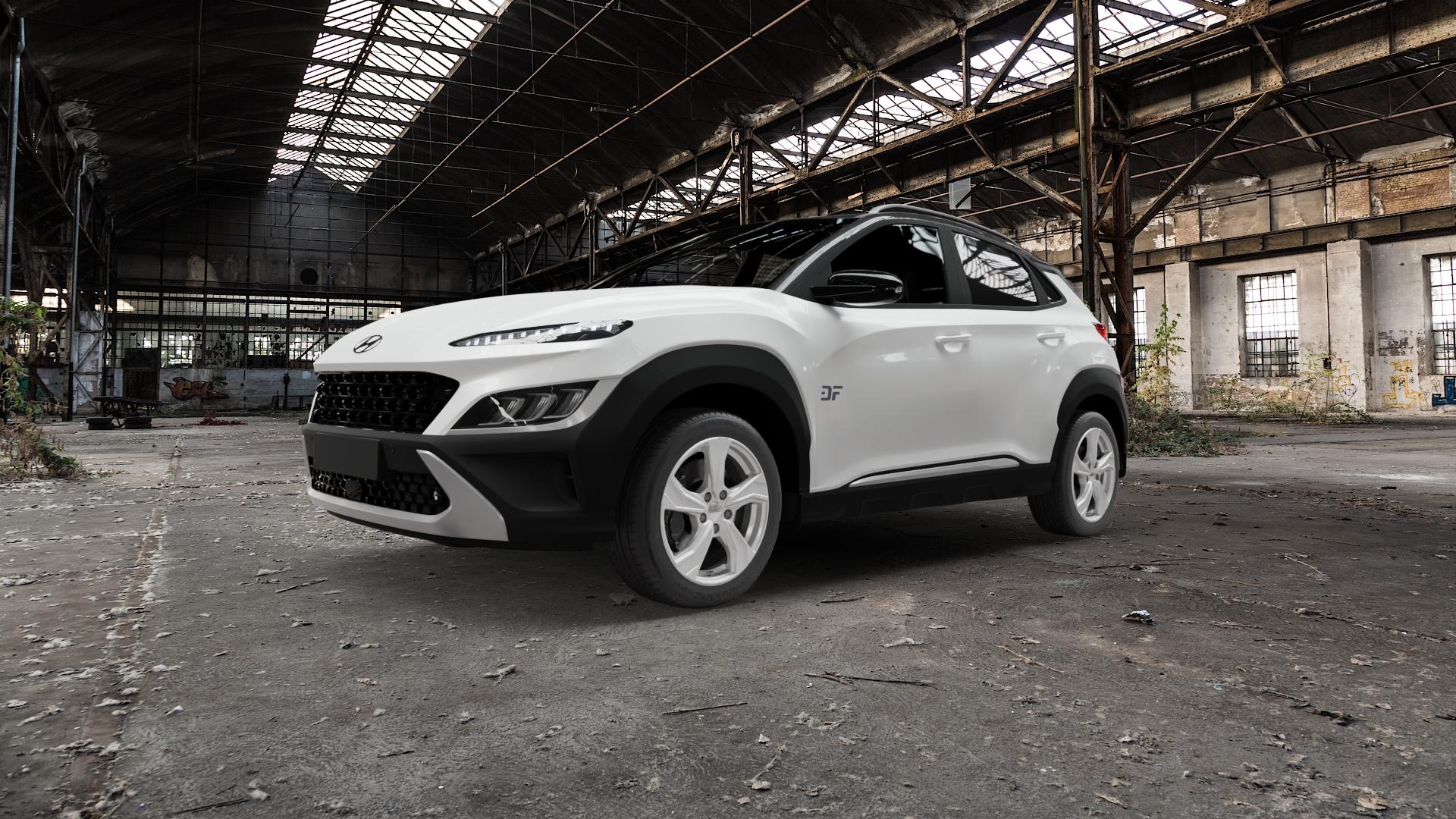 DEZENT KB SILVER Felge mit Reifen silber schwarz in 17Zoll Winterfelge Alufelge auf weissem Hyundai Kona Typ OS Facelift 1,0l T-GDI 88kW Mild-Hybrid (120 PS) 1,6l CRDi 100kW (136 AWD 146kW (199 Hybrid 77kW (105 ⬇️ mit 15mm Tieferlegung ⬇️ Old Industrial Hall_max5000mm_2022 Frontansicht_1