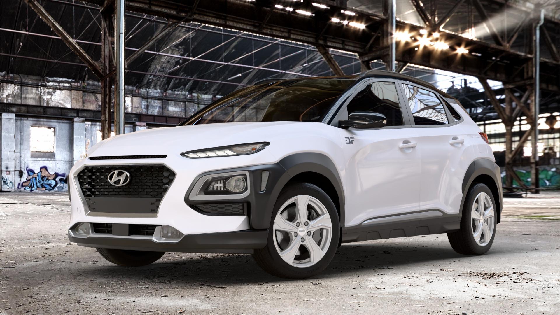 DEZENT KB SILVER Felge mit Reifen silber schwarz in 17Zoll Winterfelge Alufelge auf weissem Hyundai Kona Typ OS ⬇️ mit 15mm Tieferlegung ⬇️ Old Industrial Hall_max_4400mm_2024 Frontansicht_1