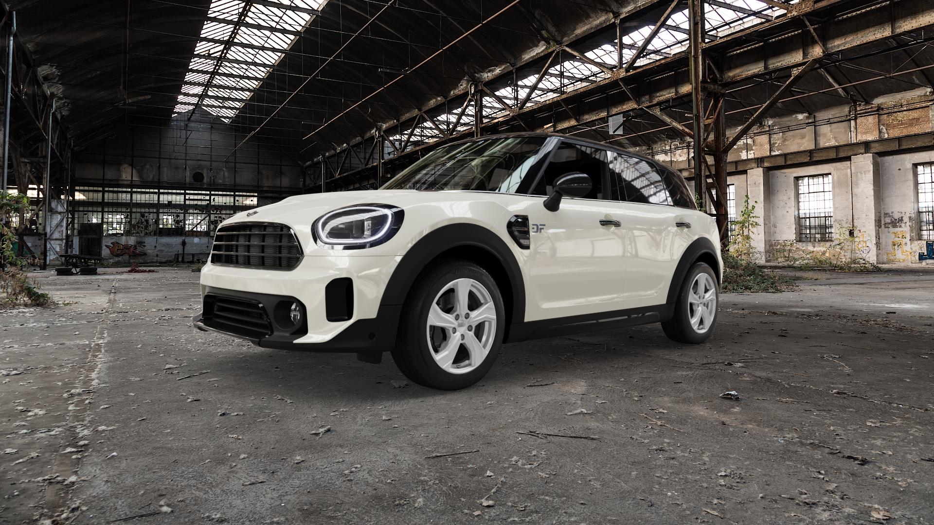 DEZENT KB SILVER Felge mit Reifen silber schwarz in 17Zoll Winterfelge Alufelge auf weissem Mini F60 Typ FMX (Countryman) Facelift ⬇️ mit 15mm Tieferlegung ⬇️ Old Industrial Hall_max5000mm_2022 Frontansicht_1