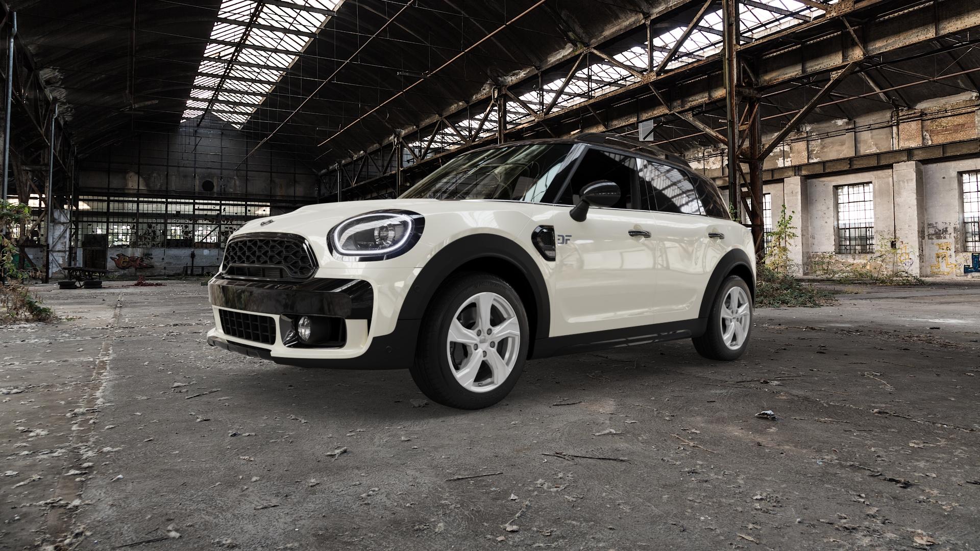 DEZENT KB SILVER Felge mit Reifen silber schwarz in 17Zoll Winterfelge Alufelge auf weissem Mini F60 Typ FMX (Countryman) ⬇️ mit 15mm Tieferlegung ⬇️ Old Industrial Hall_max5000mm_2022 Frontansicht_1
